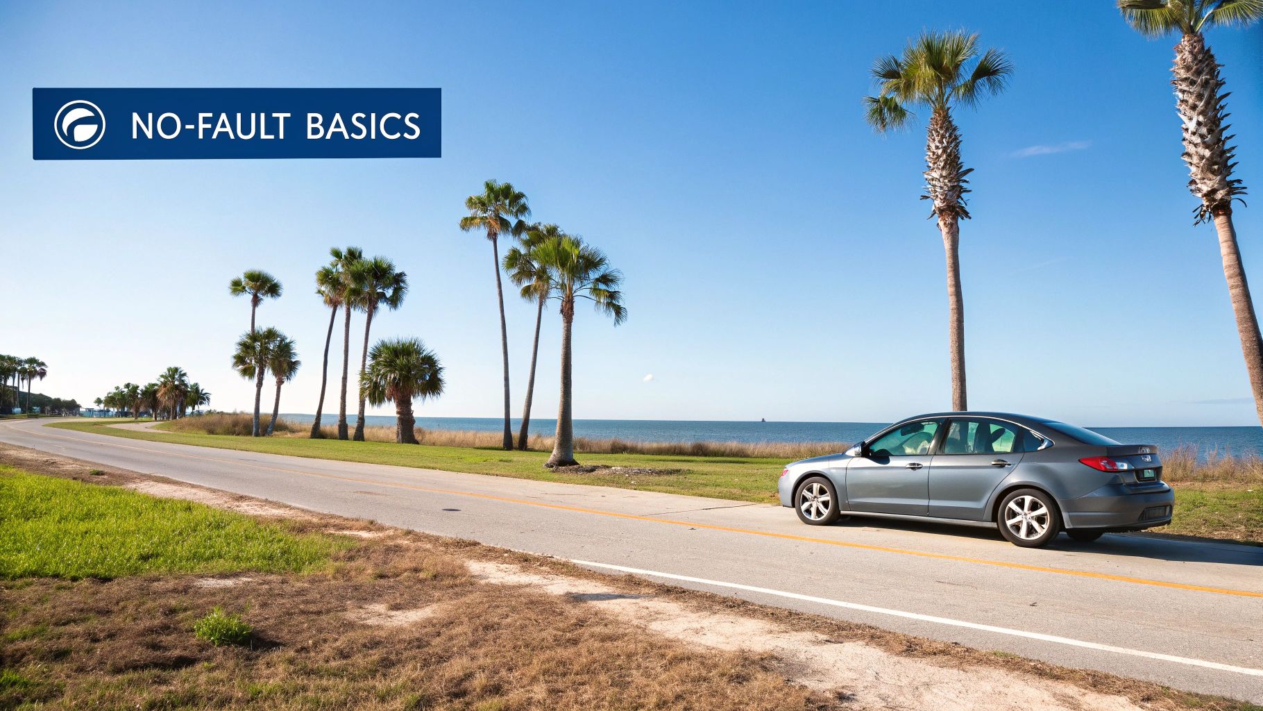 Grey car parked on a coastal road in Florida, lined with palm trees and ocean under a clear blue sky.