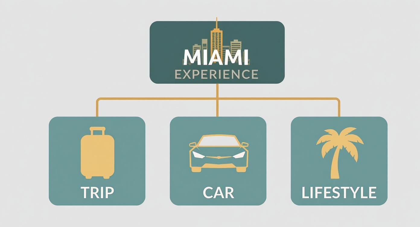 Miami experience diagram showing three categories: trip with luggage, car rental, and lifestyle with palm tree