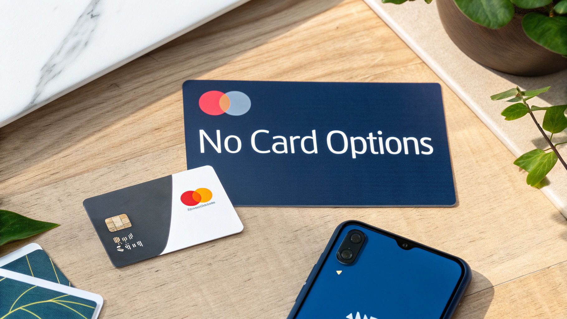 A payment card with a chip, a "No Card Options" card, and a smartphone on a wooden table.