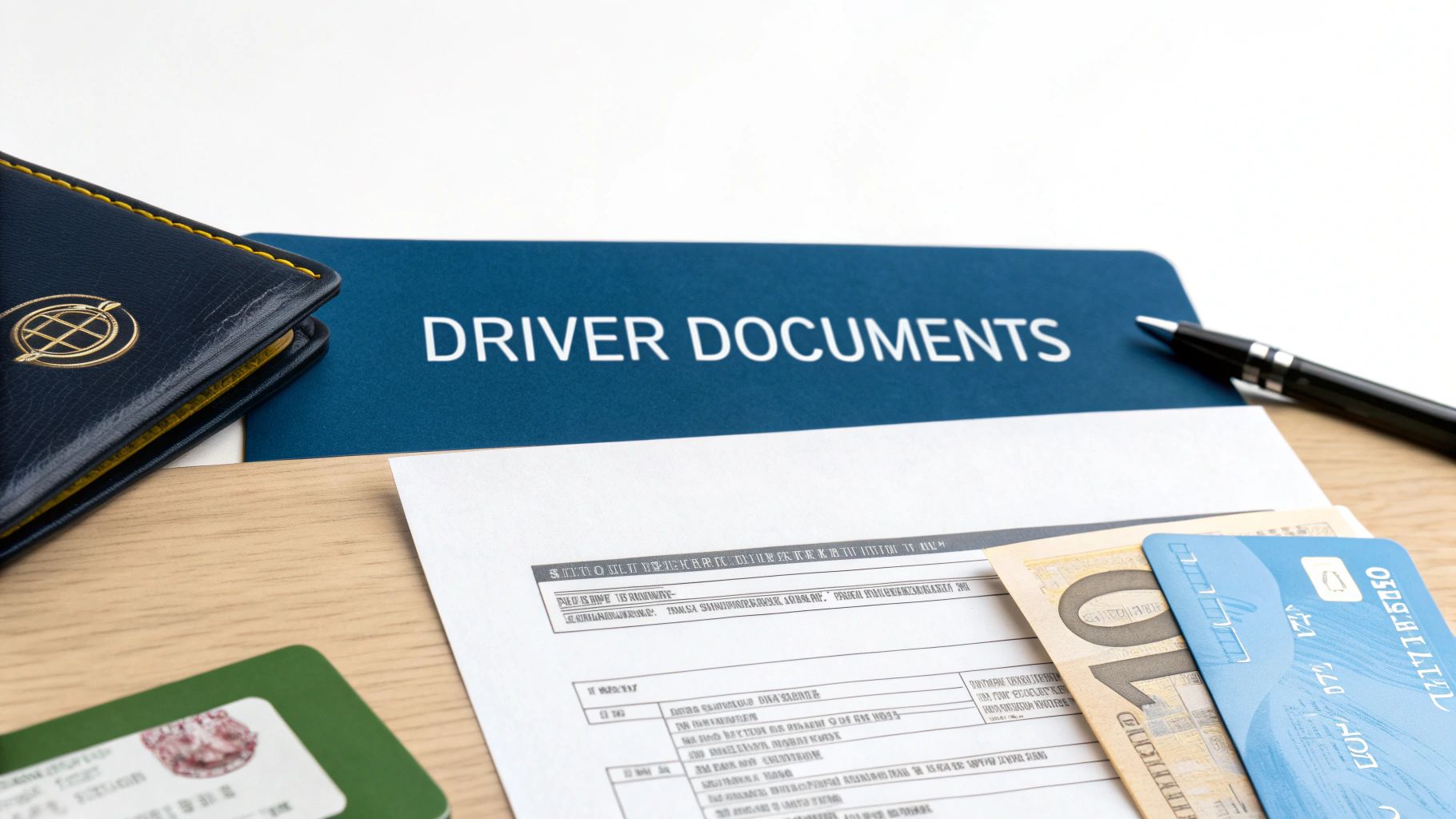 A person showing their driver's license to a rental car agent at a counter.