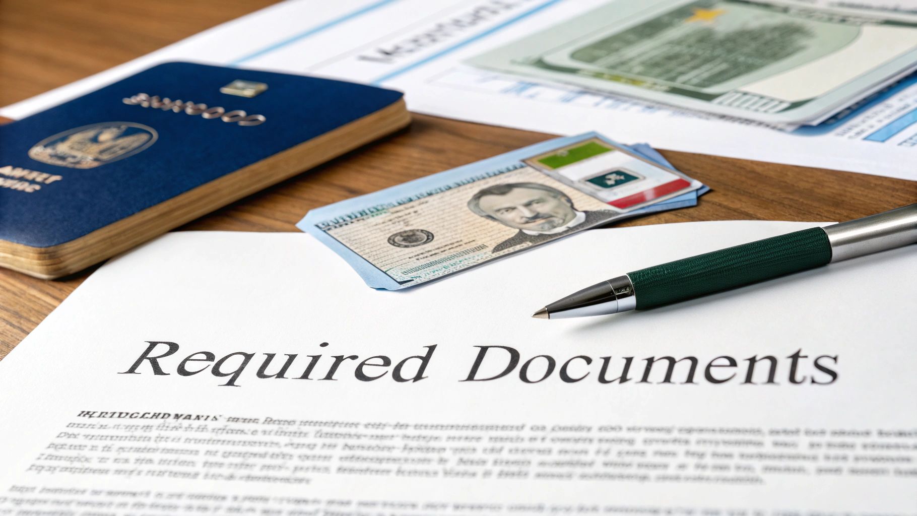 Close-up of a blue passport, identification card, pen, and document titled 'Required Documents' on a desk.