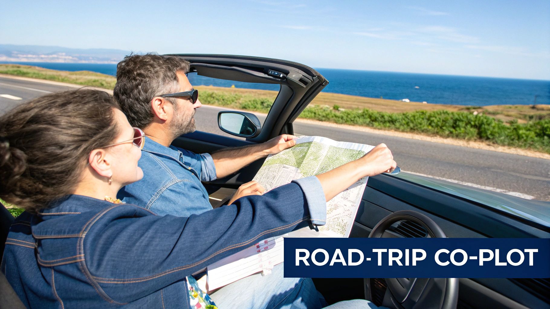 A couple on a road trip in a convertible car, with the woman navigating using a map on a coastal road.