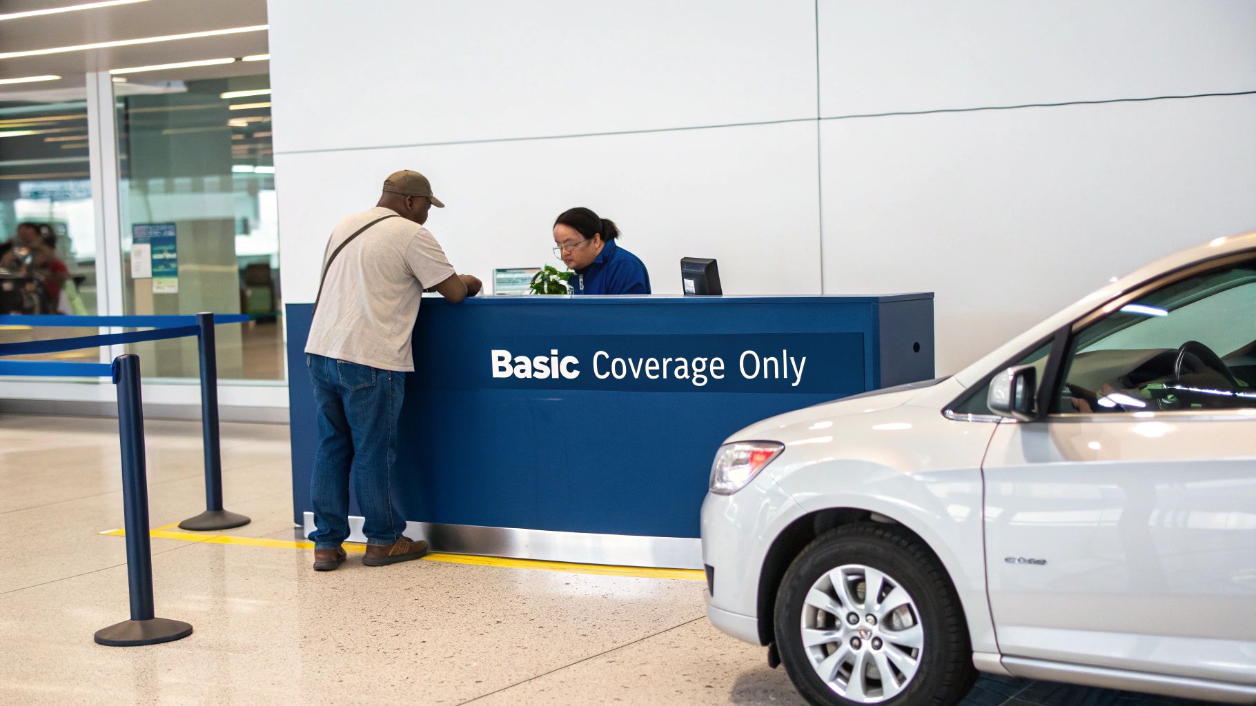 A man speaks to a staff member at a car rental counter with a 'Basic Coverage Only' sign, next to a silver car.