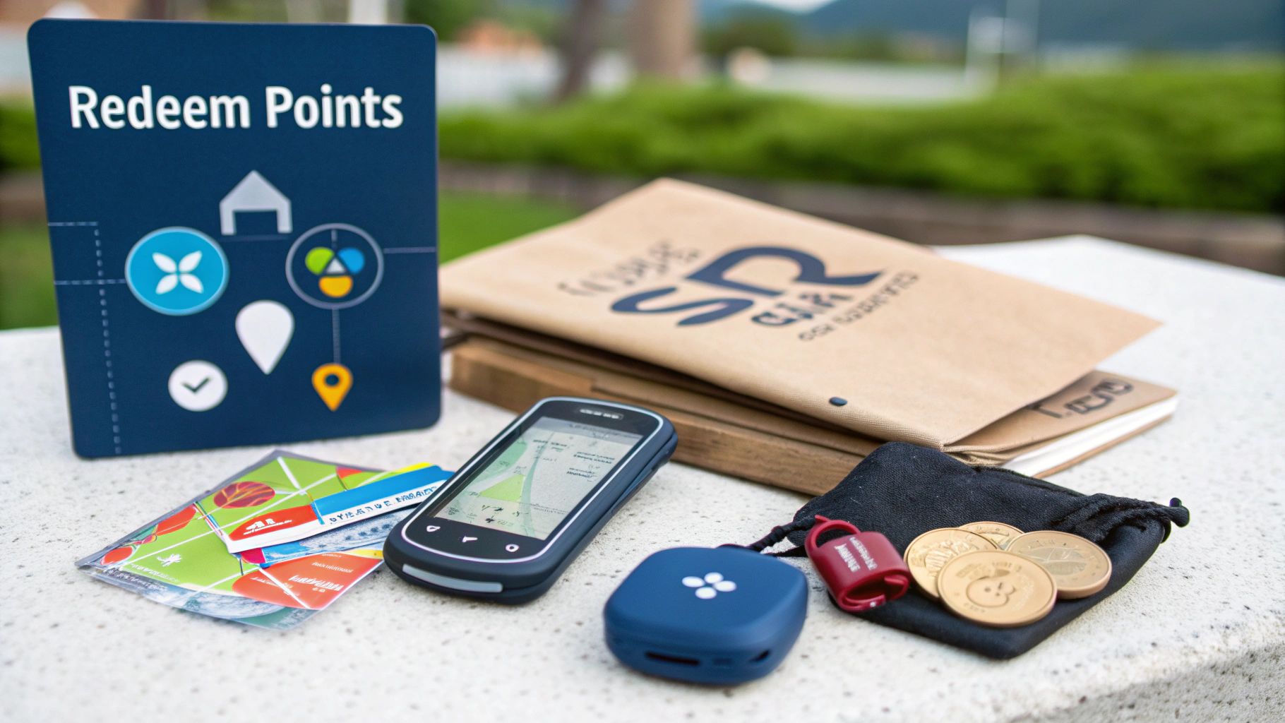 A loyalty program display board, GPS phone, tracking device, adventure gear, and reward coins.