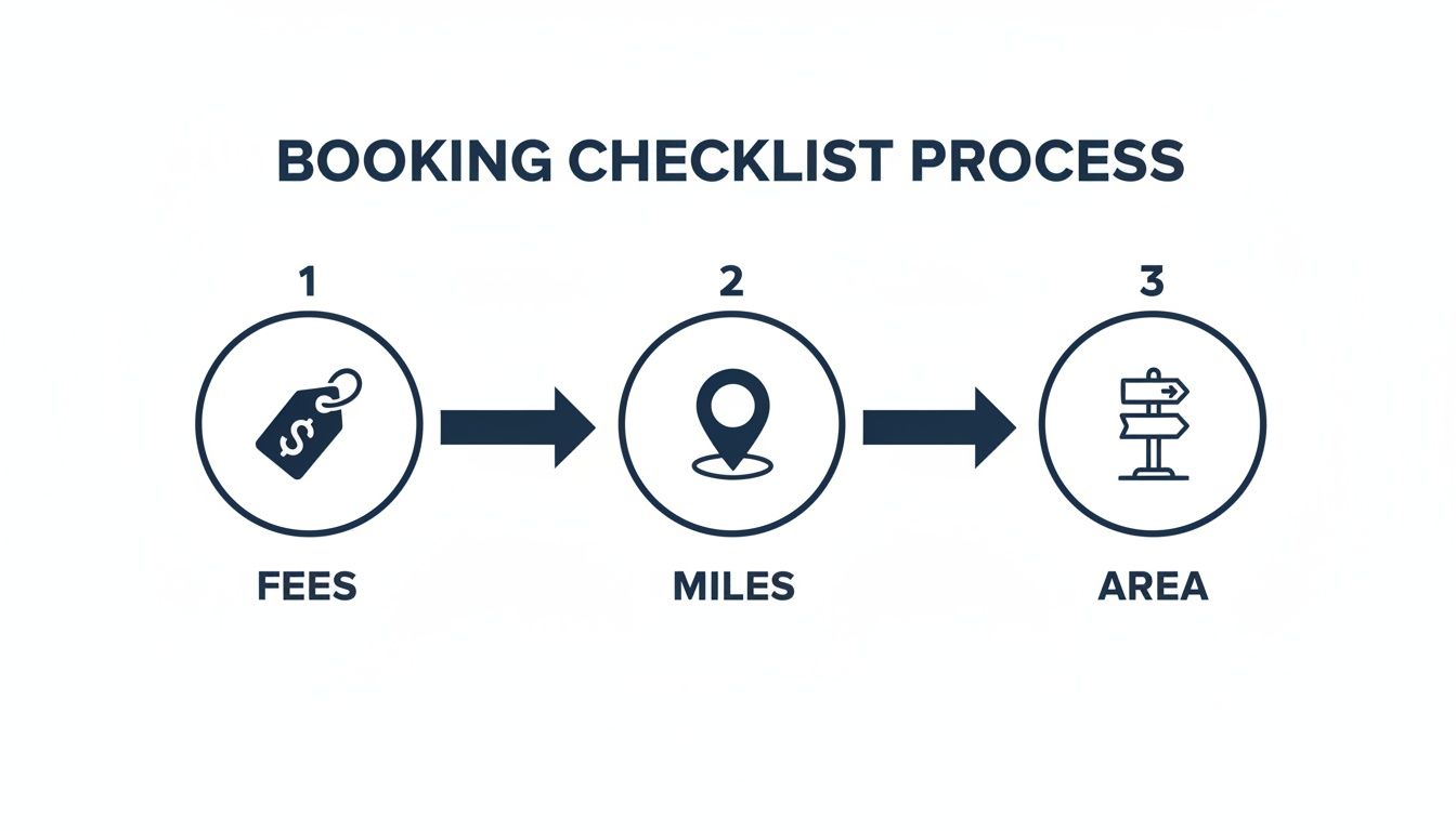 A booking checklist process flowchart showing three steps: Fees, Miles, and Area with icons.