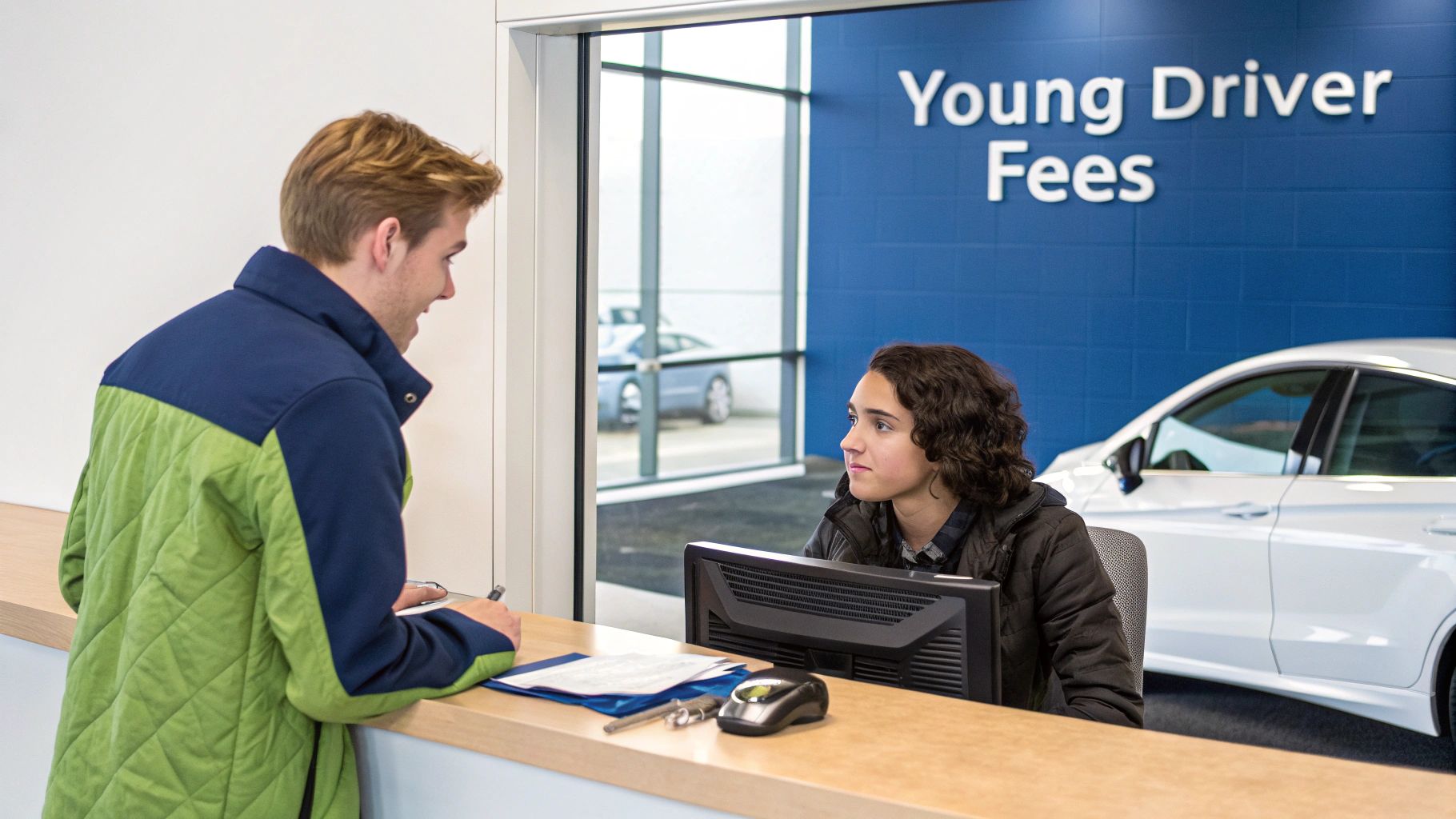 A young man signs papers at a car rental desk, interacting with a female agent under a 'Young Driver Fees' sign.