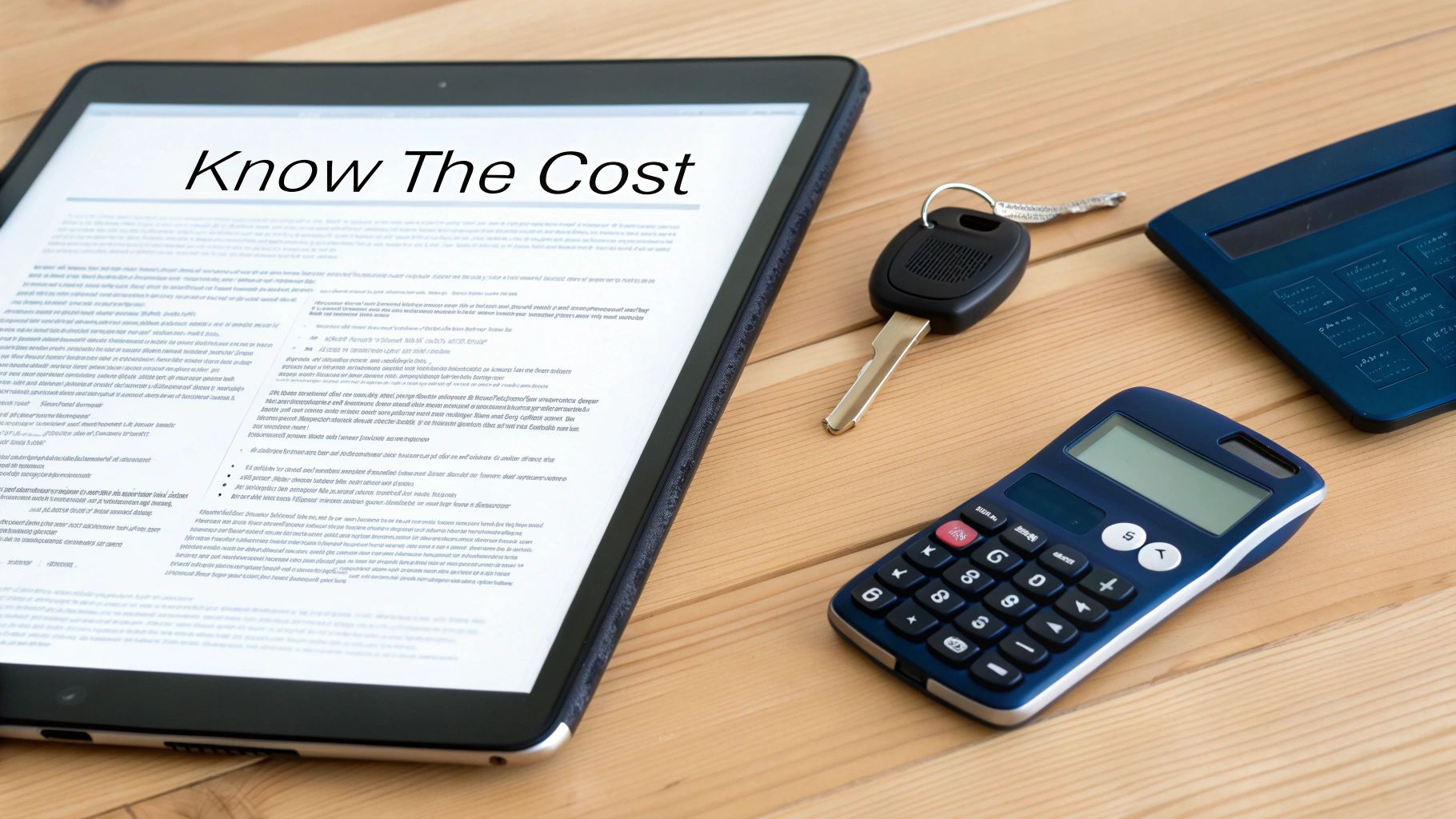 A tablet displaying 'Know The Cost' alongside a car key and two calculators on a wooden table.