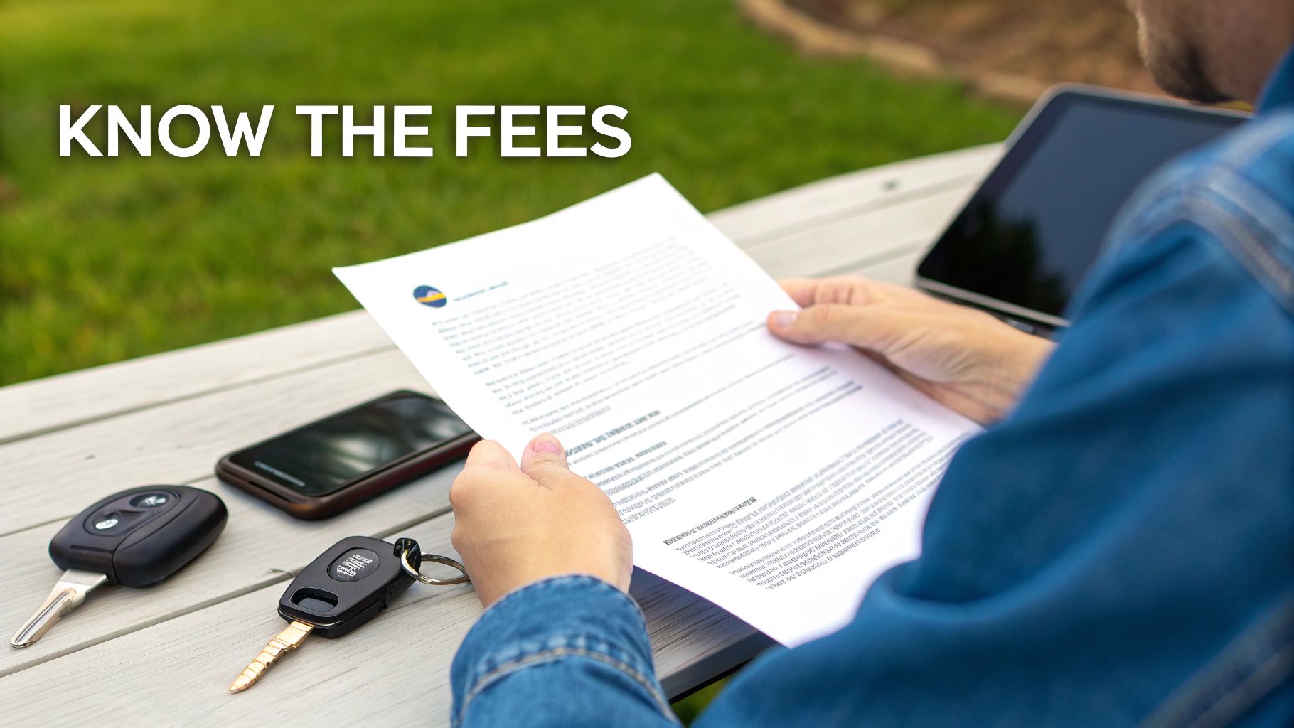 Person reviewing a rental agreement document with car keys, phone, and tablet on a wooden table.