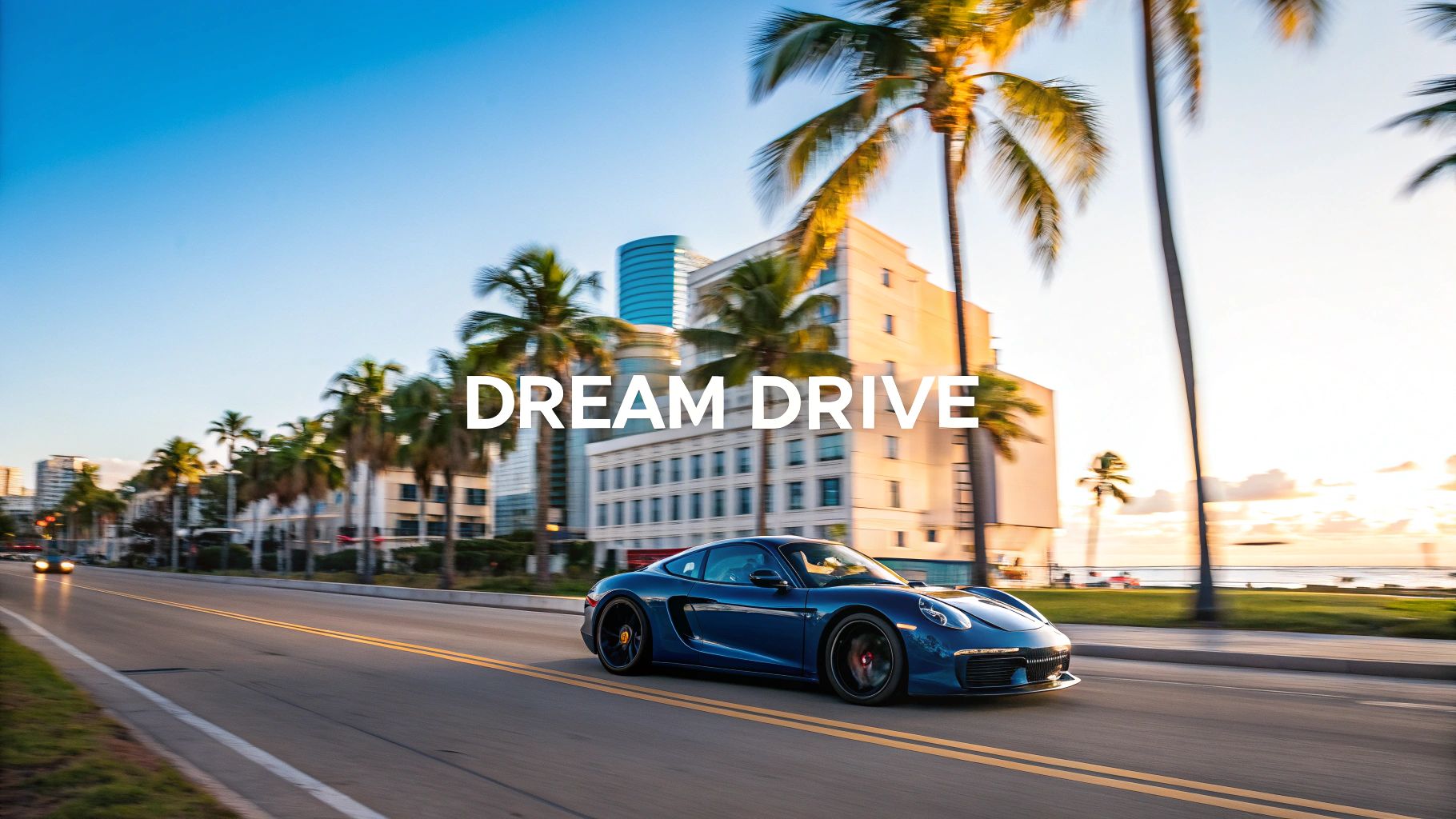 Blue luxury sports car driving along palm-lined Miami Beach oceanfront road at sunset