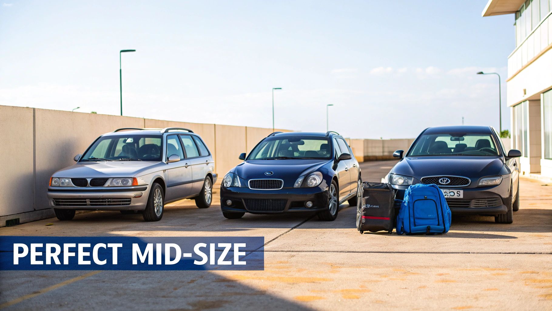 Three mid-size rental cars, two dark blue and one silver, with luggage parked outdoors.