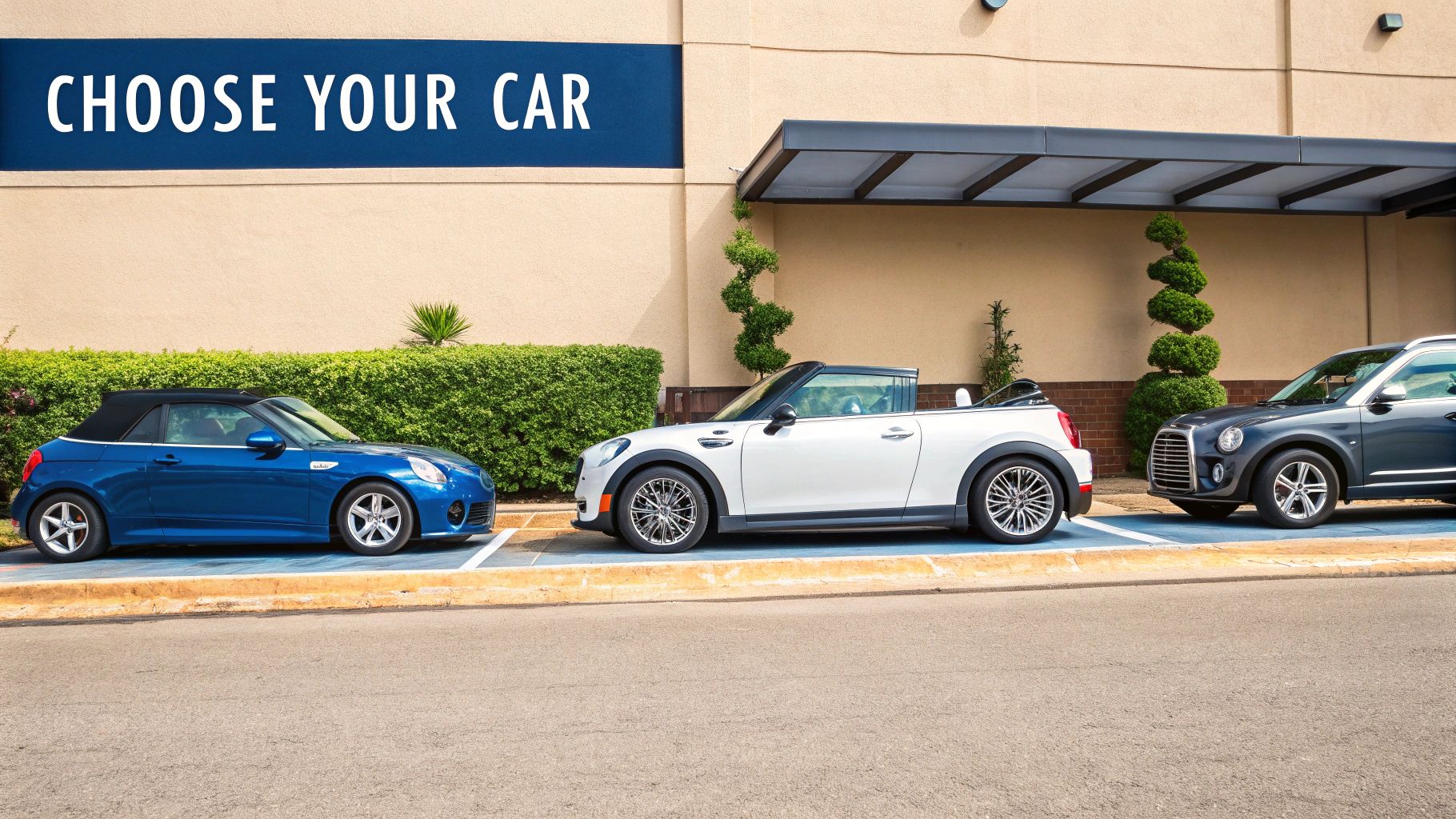 Three stylish cars, including convertibles and an SUV, parked for selection beneath a 'CHOOSE YOUR CAR' sign.