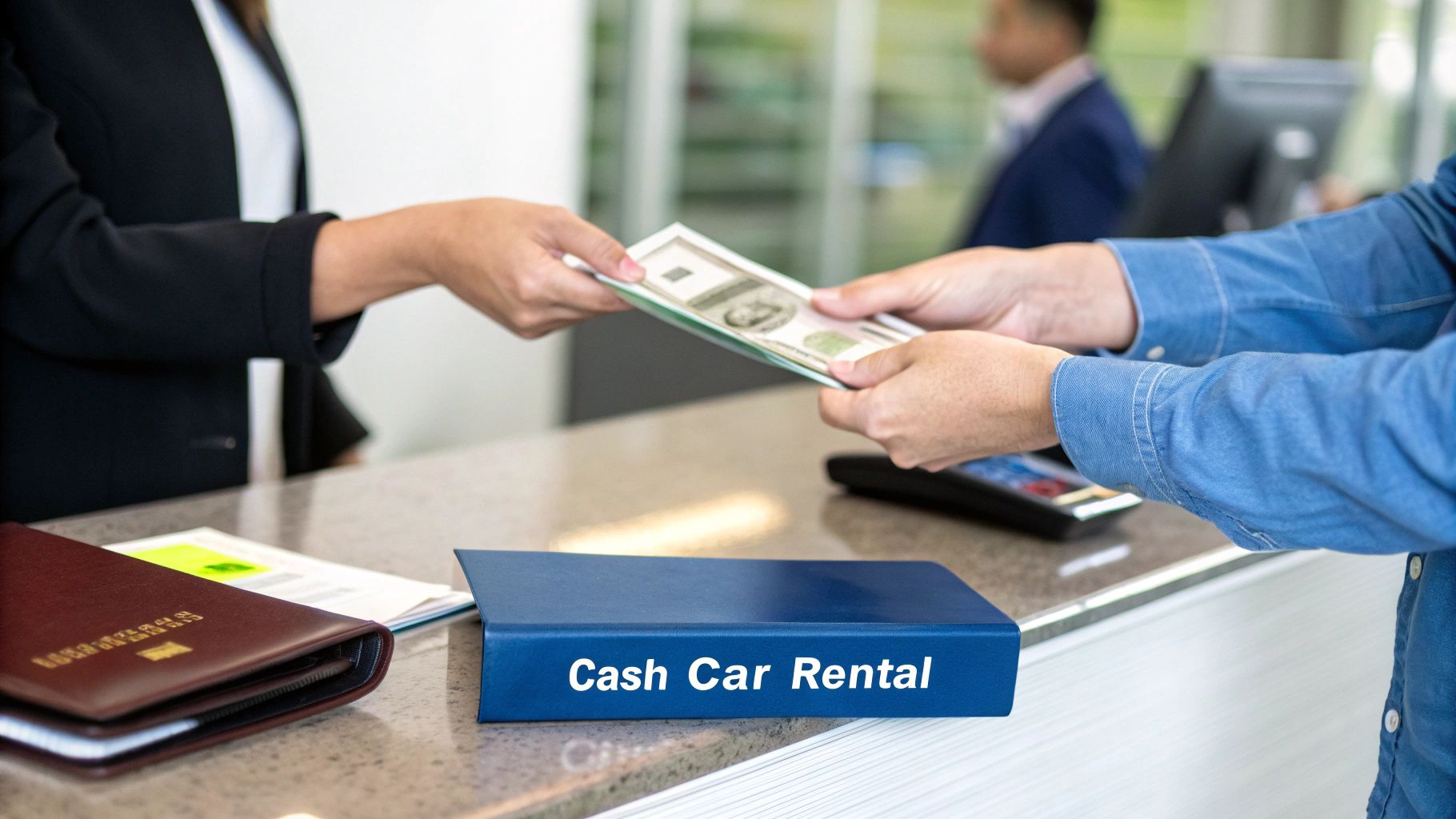 Two people exchanging cash over a counter, with a 'Cash Car Rental' sign displayed prominently.