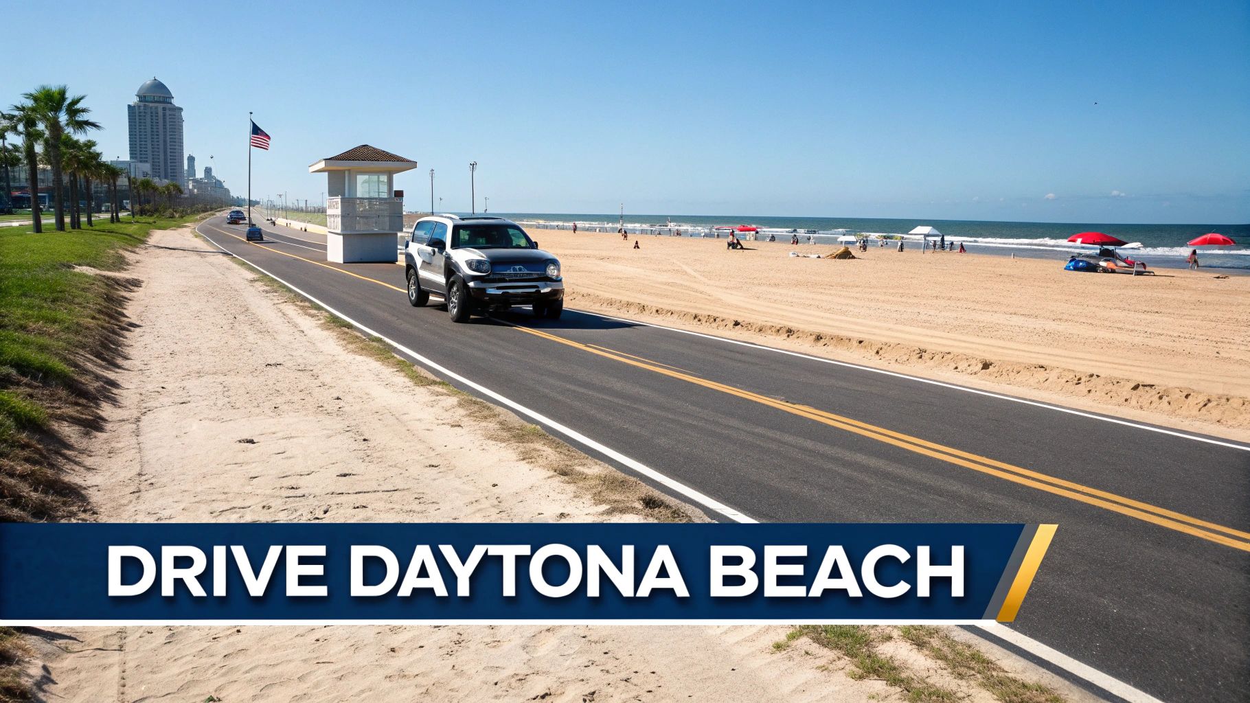 Cars parked on the sand of Daytona Beach with the ocean in the background.