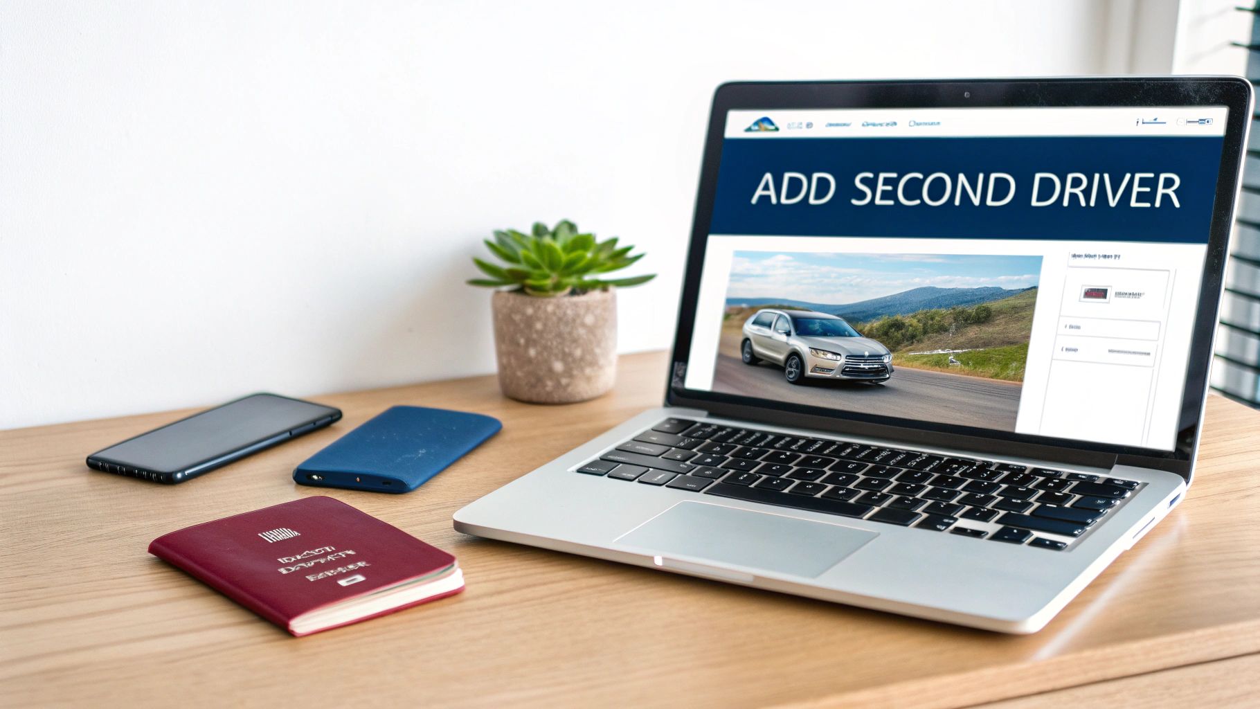 Laptop displaying 'Add Second Driver' on a car rental website, with passport and phone on a wooden desk.