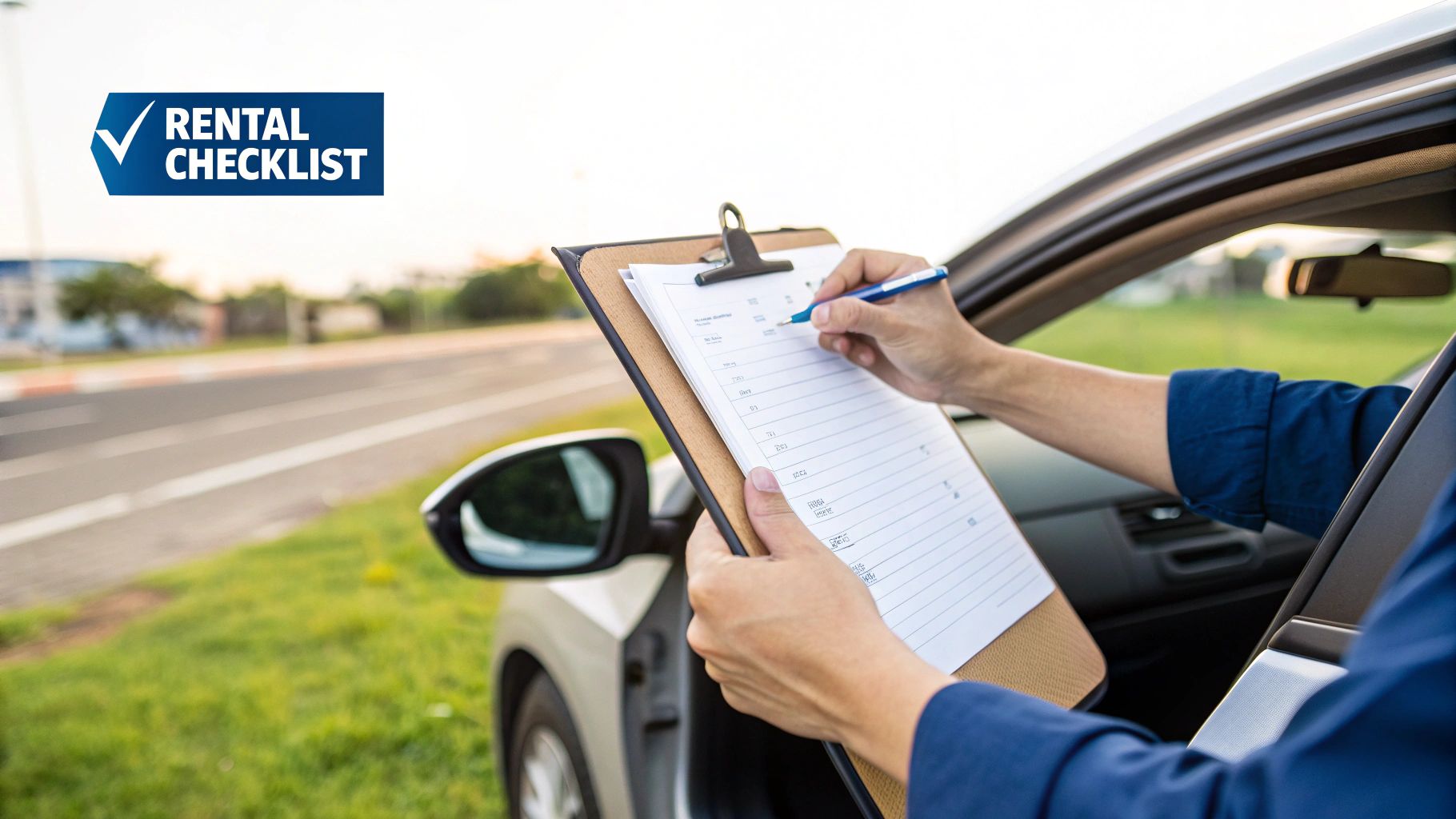 Hands writing on a rental checklist on a clipboard next to a car.