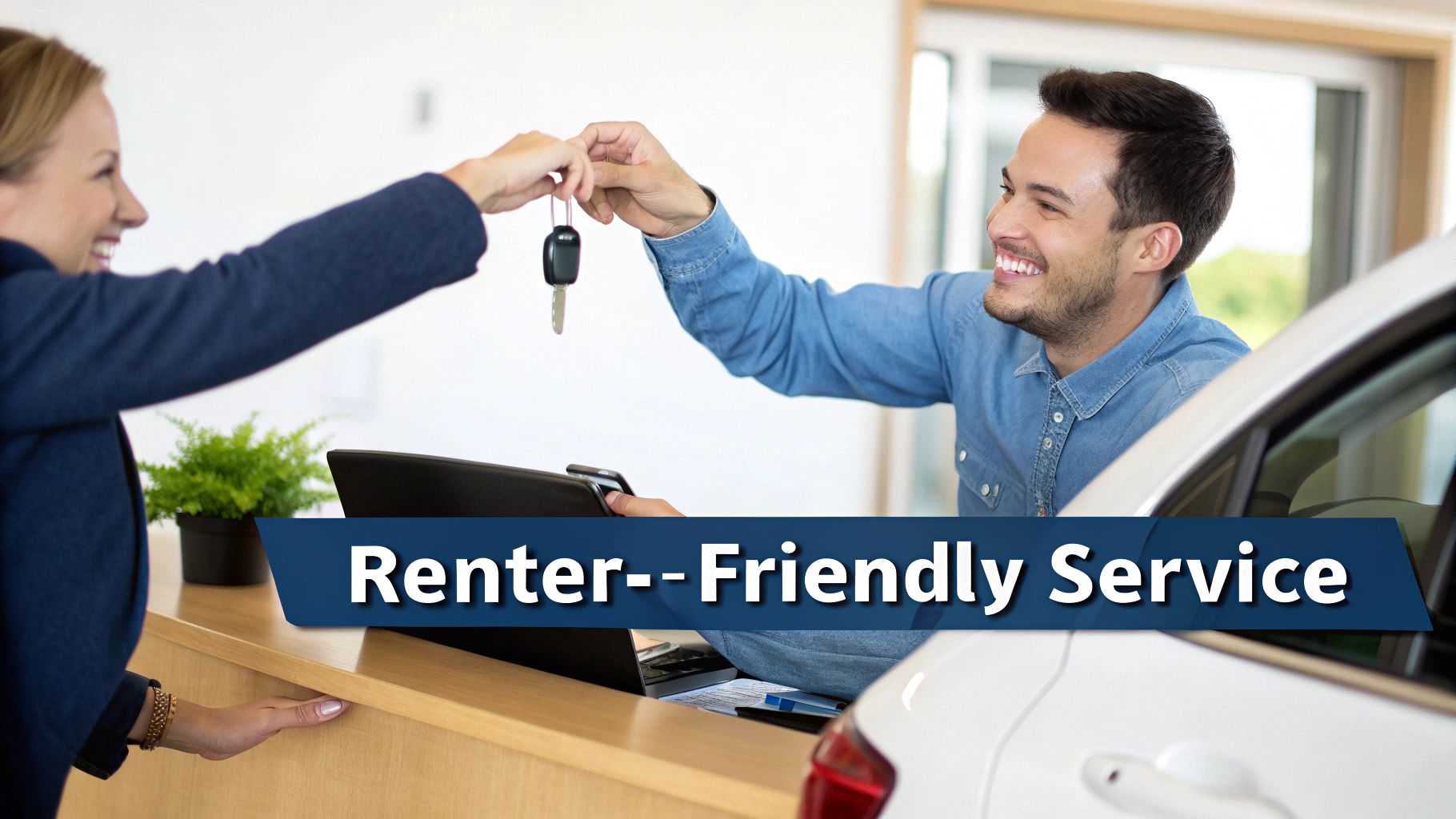 Smiling man receives car keys from a friendly agent at a rental counter, emphasizing renter-friendly service.