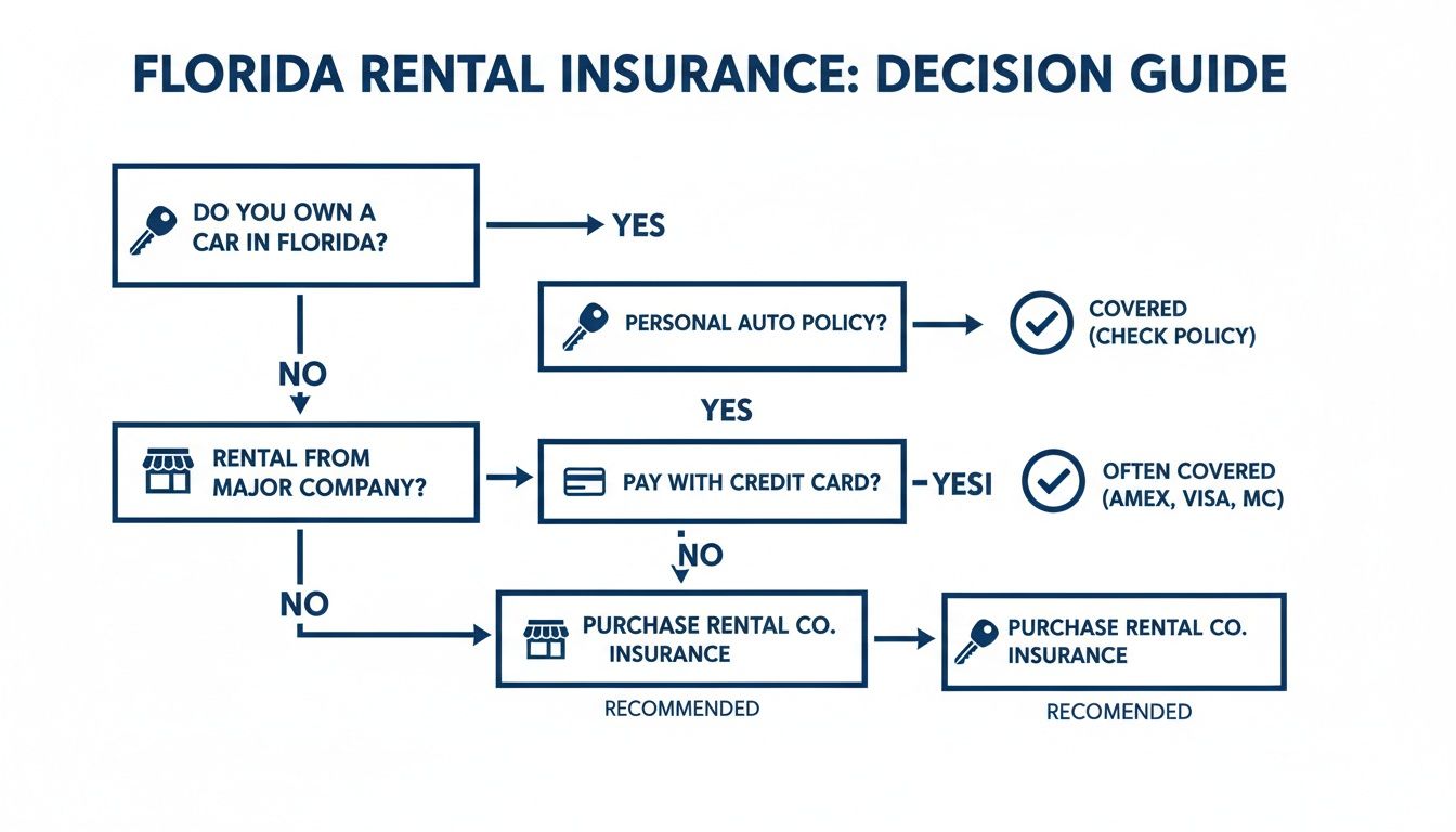 A flowchart decision guide for Florida rental car insurance coverage, checking personal policies, credit cards, and rental company options.