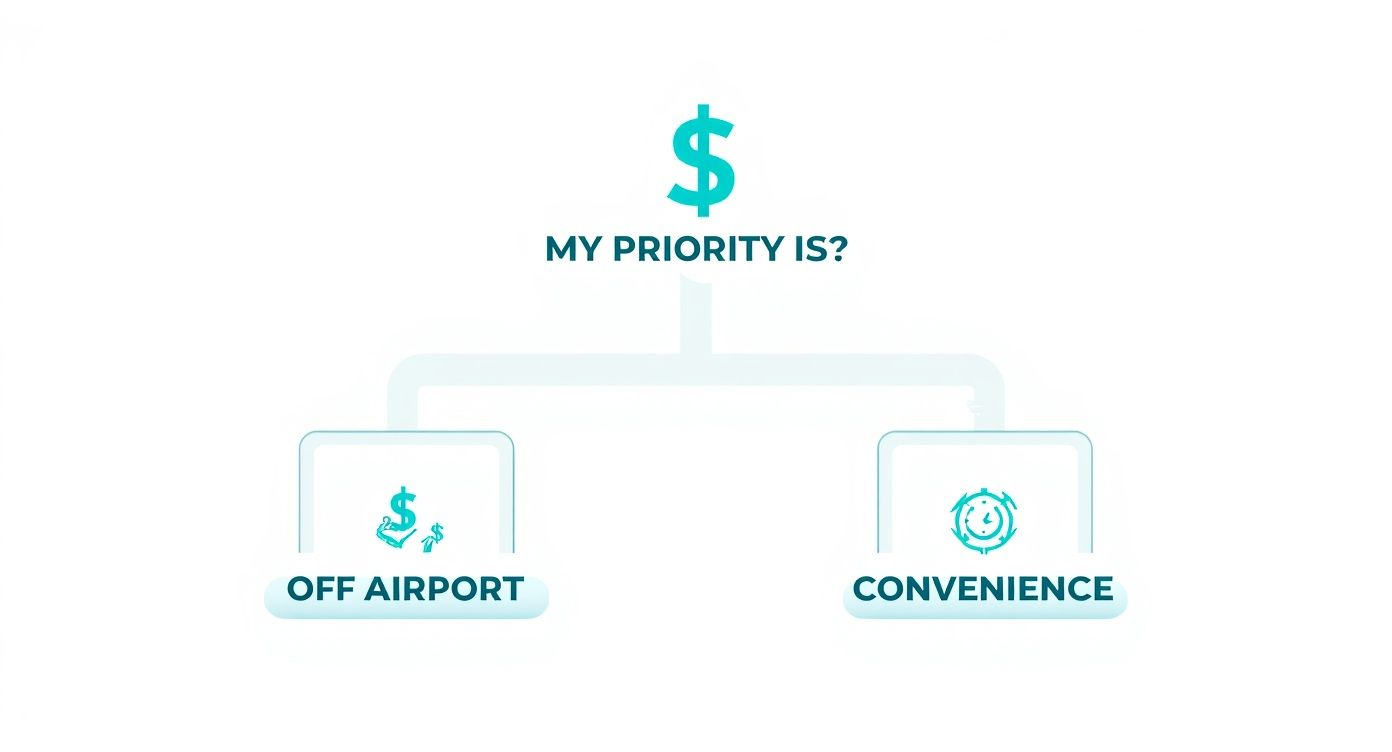 Car rental priority decision diagram showing off airport savings versus convenience options with dollar sign