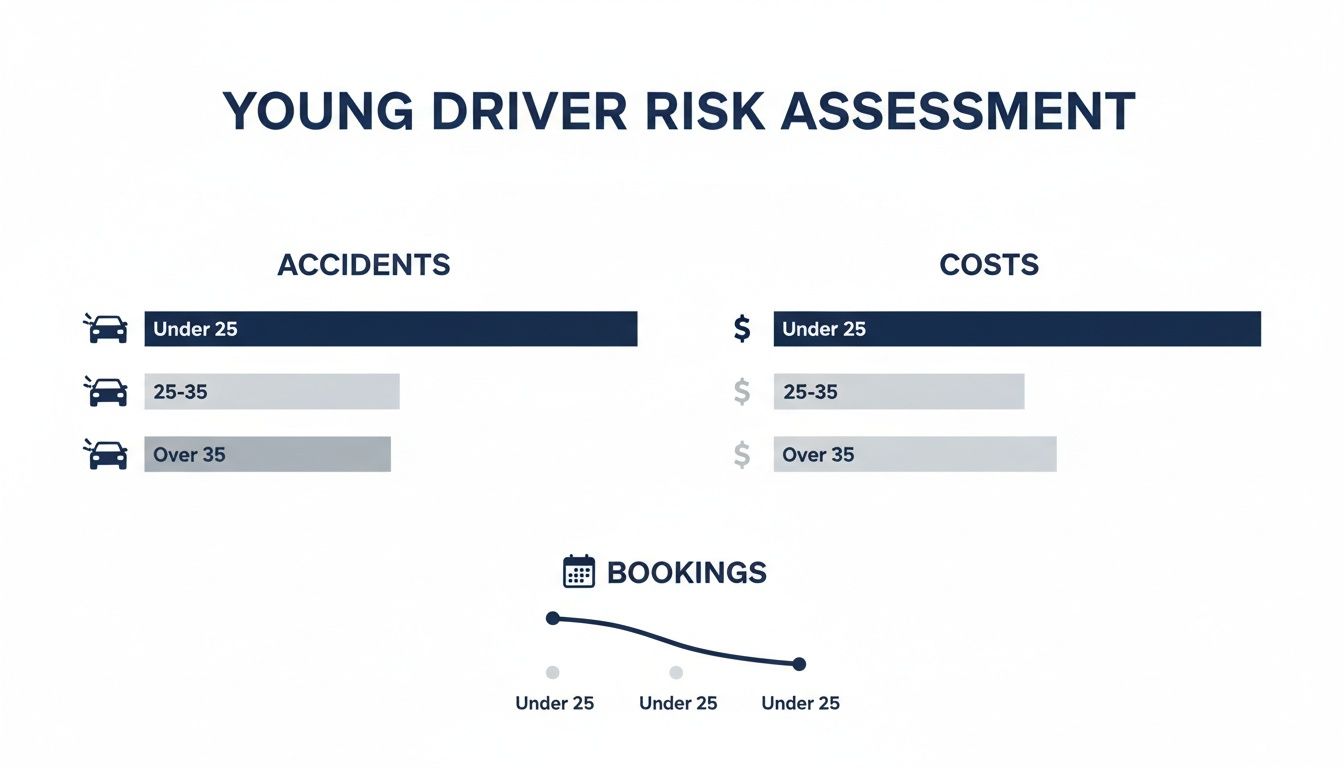 Bar and line charts illustrate young driver risk, showing higher accident rates and costs for those under 25.