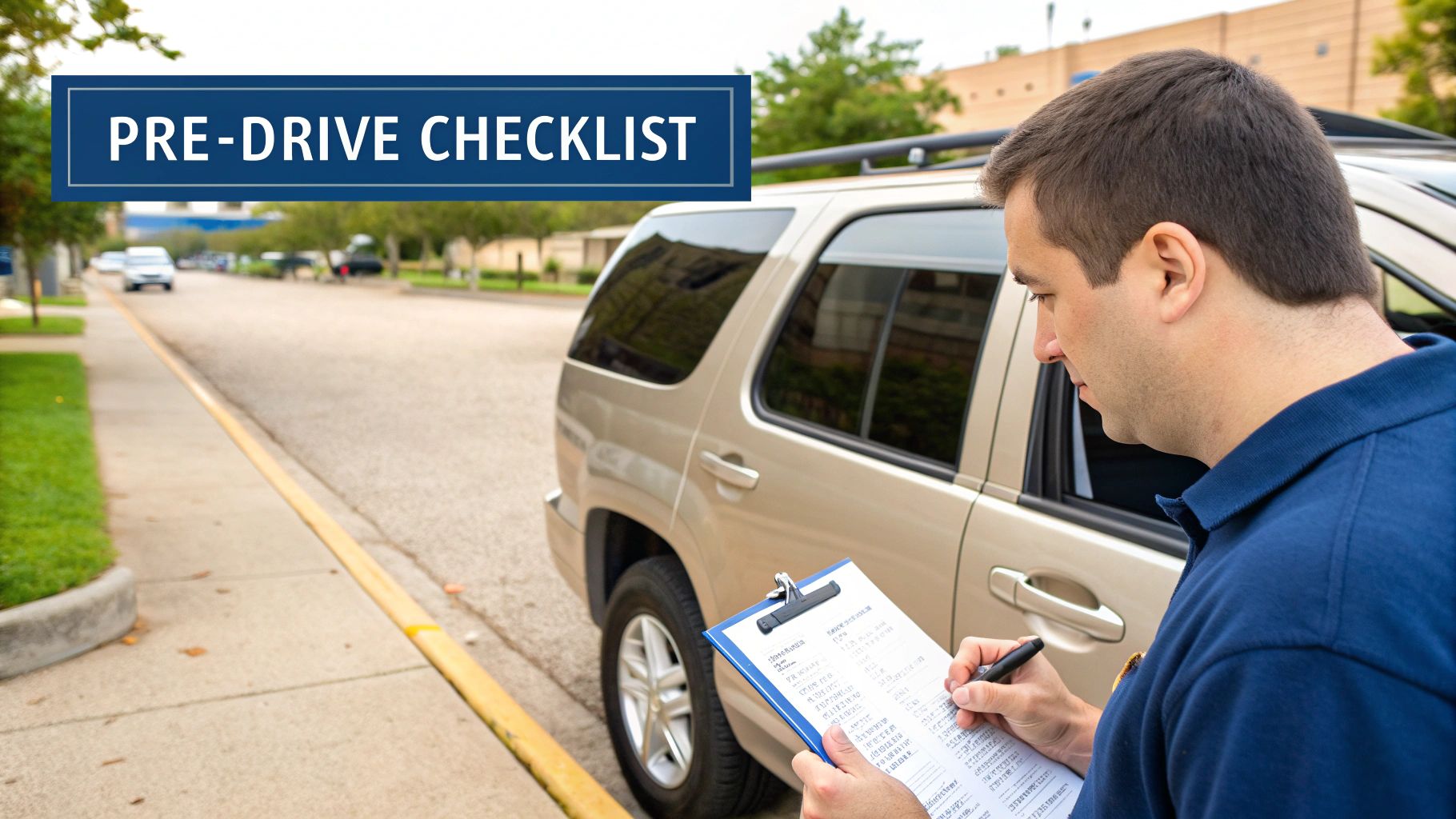 Man diligently fills out a pre-drive checklist next to a rental SUV on a street.