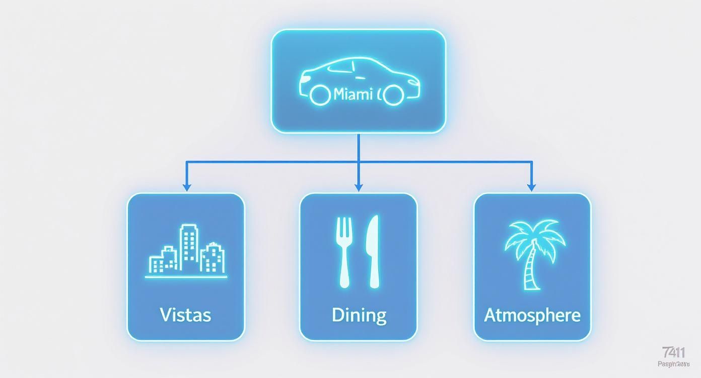 Miami luxury car rental service diagram showing vistas, dining, and atmosphere categories with glowing blue icons