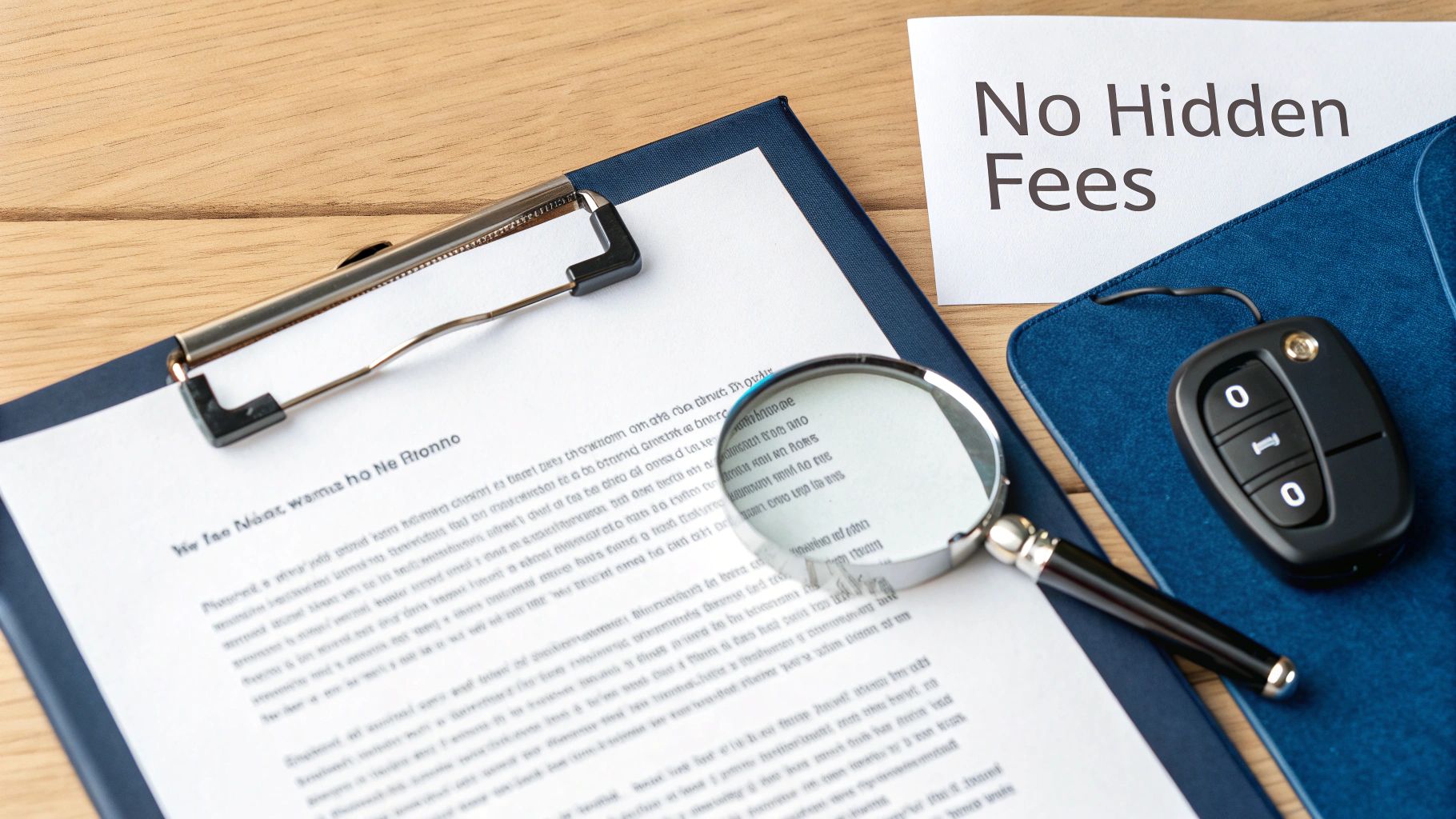A document on a clipboard with a magnifying glass, car key, and a 'No Hidden Fees' sign.