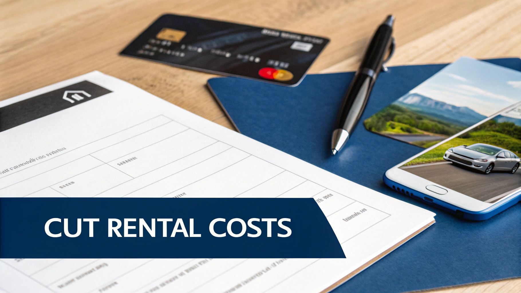 Desk with rental form, credit card, pen, and smartphone displaying a car, highlighting cut rental costs.