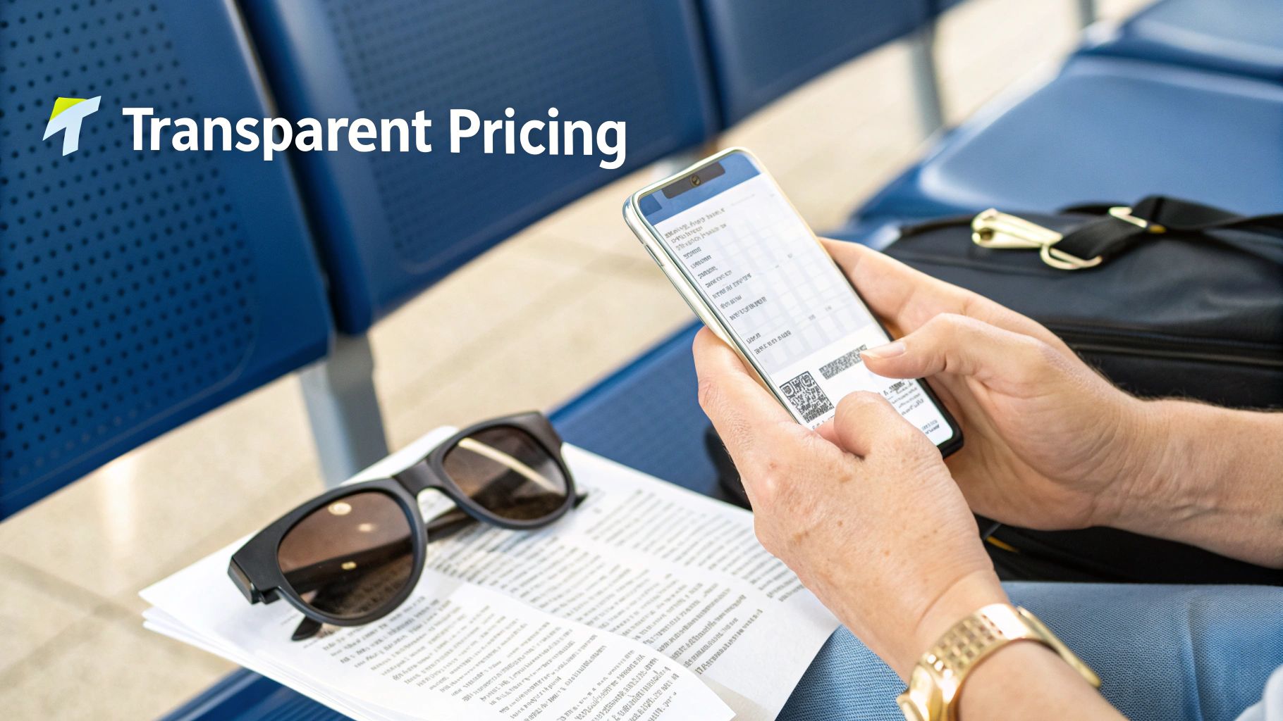 Person viewing a digital boarding pass on a smartphone while waiting at an airport, with sunglasses and papers.