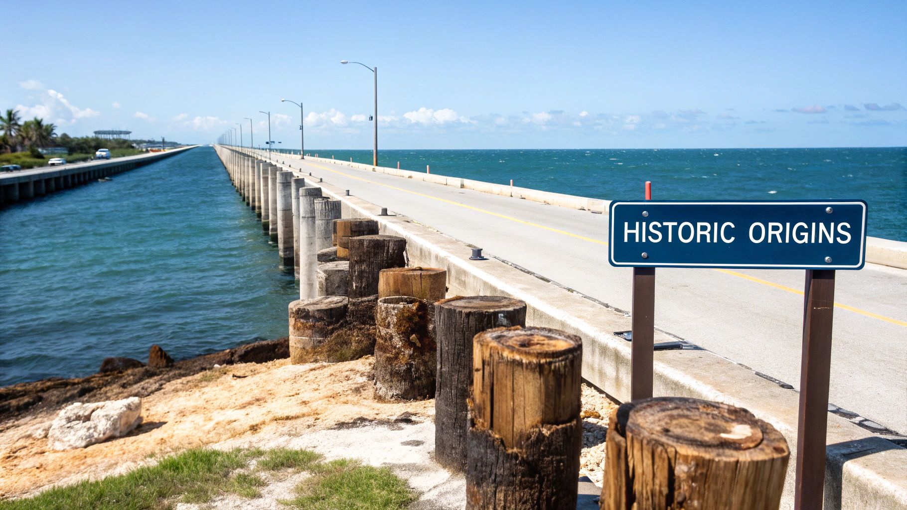 A long historic bridge stretches over clear blue water under a sunny sky, with a 'Historic Origins' sign.