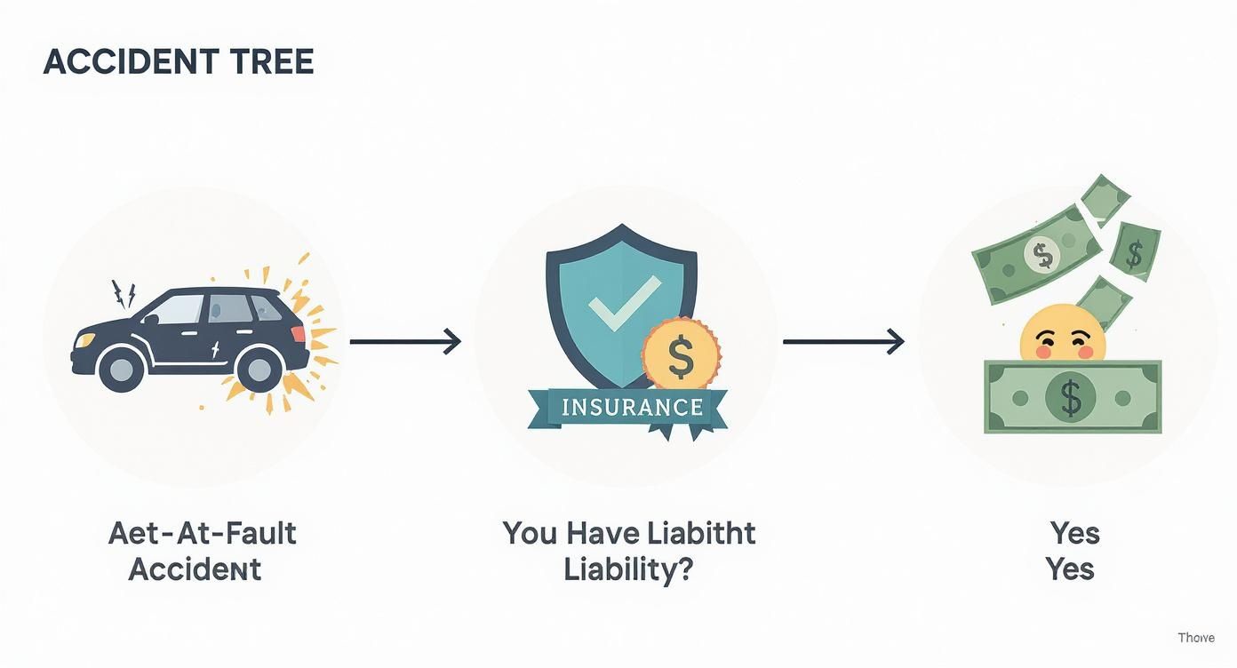 Flowchart illustrating an accident tree, showing an at-fault car crash leading to liability insurance and a money payout.