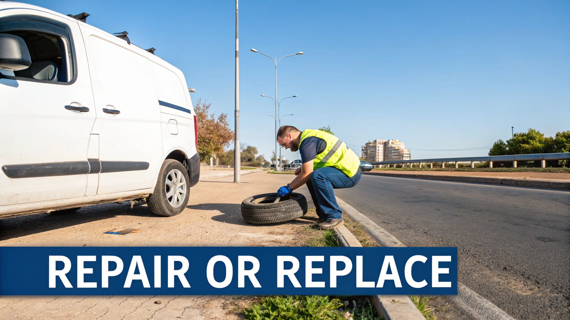 A person in a high-visibility vest repairs a tire next to a white van on the roadside.