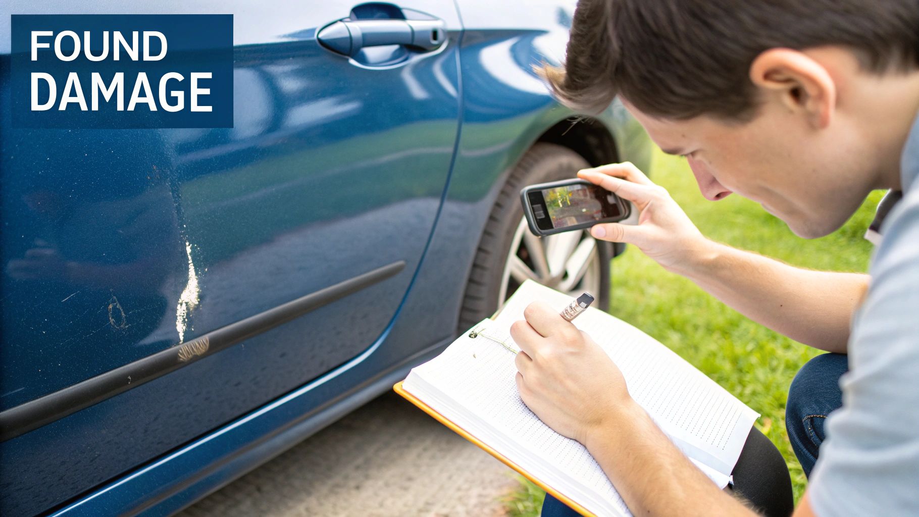 A close-up shot of a new scratch on the side of a rental car.