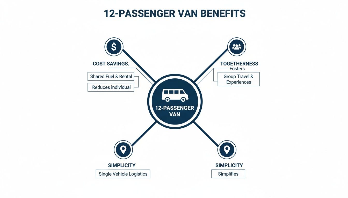 A diagram illustrating the benefits of a 12-passenger van, including cost savings, togetherness, and simplicity.