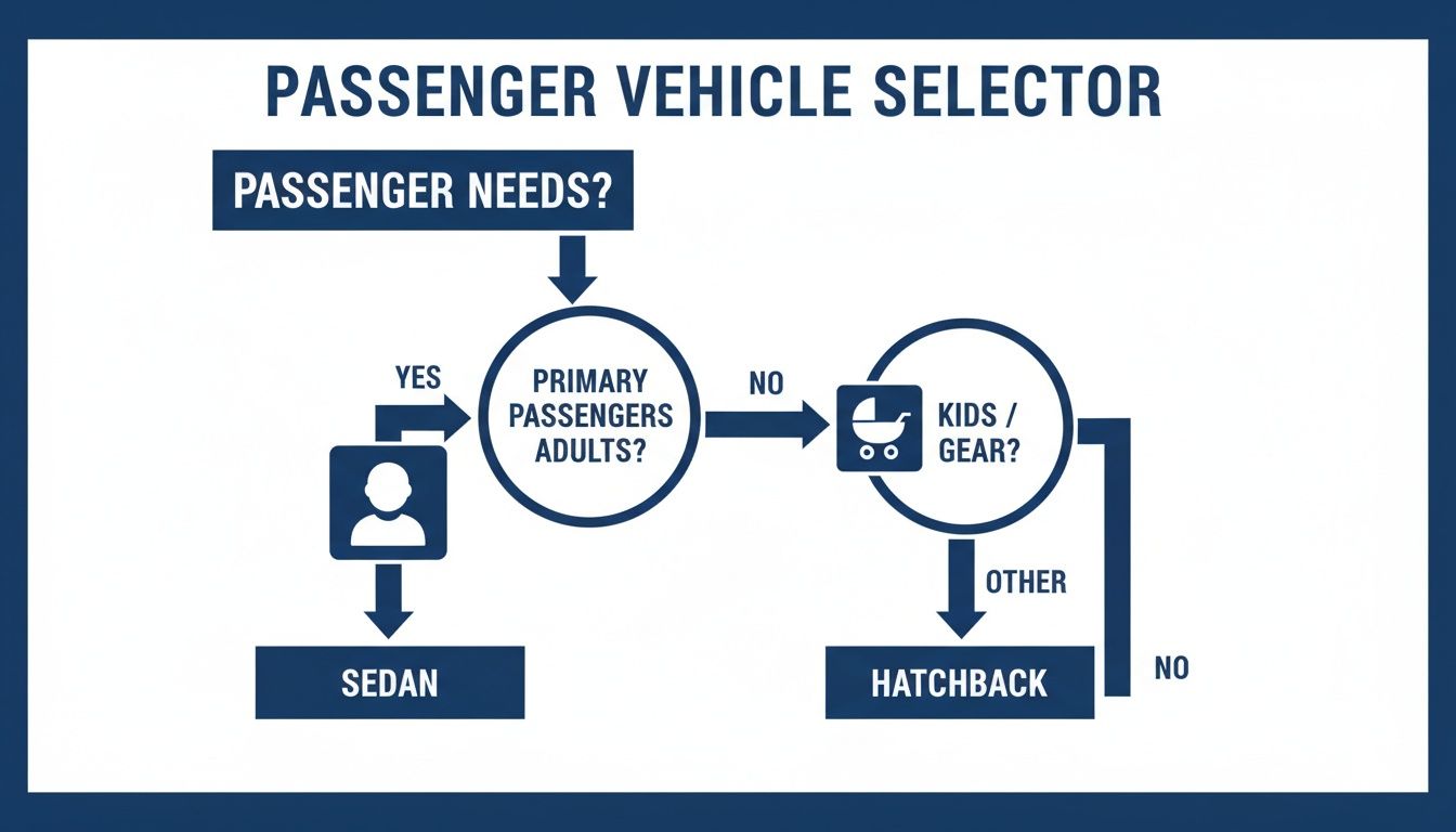 A flowchart titled 'Passenger Vehicle Selector' guiding choices between sedan and hatchback based on passenger type and gear needs.