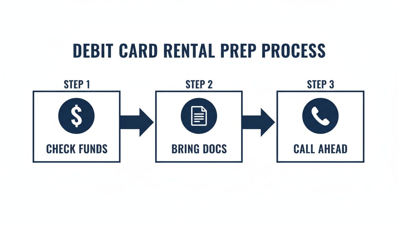 This image outlines the three-step debit card rental preparation process: check funds, bring documents, and call ahead.