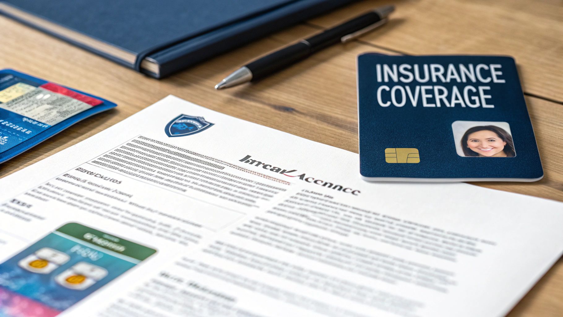 Desk with an insurance card, documents, and office supplies, symbolizing financial services.