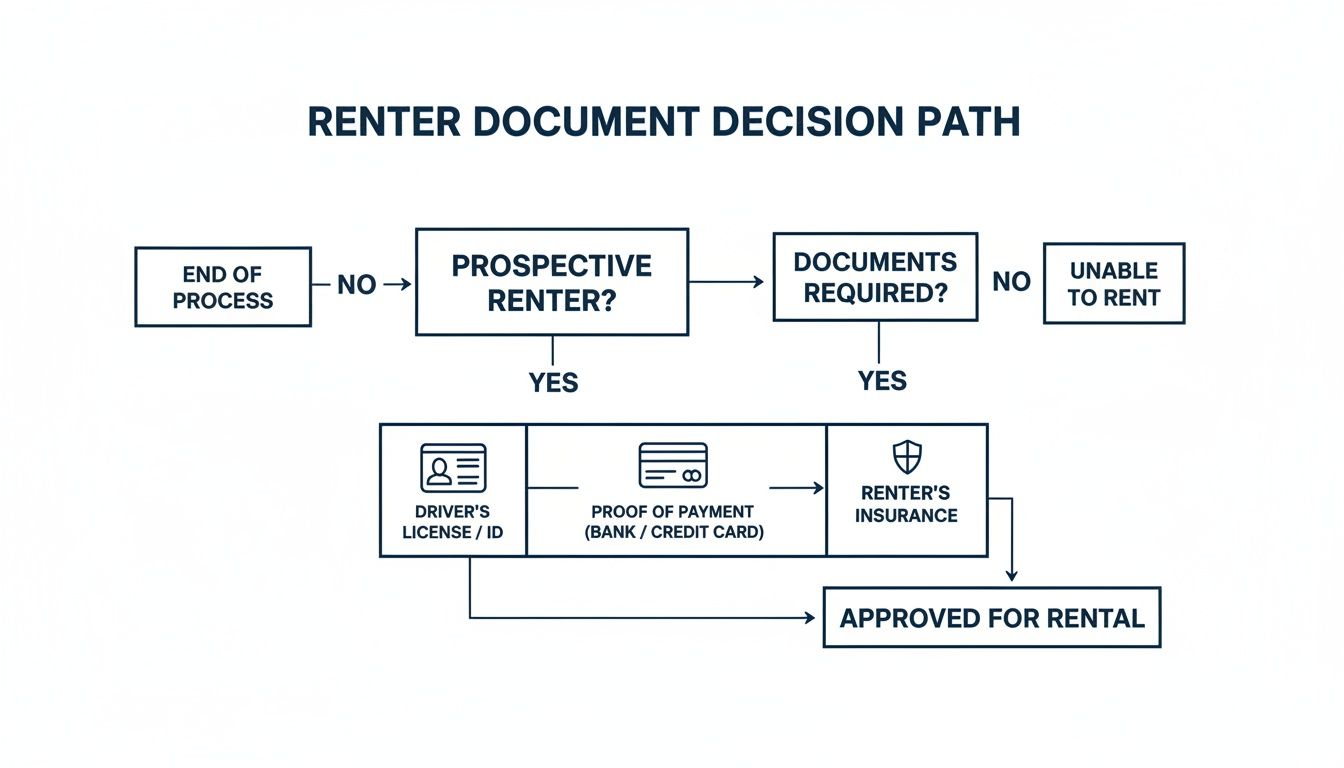 Flowchart detailing the renter document decision path for rental approval, including ID, payment, and insurance.