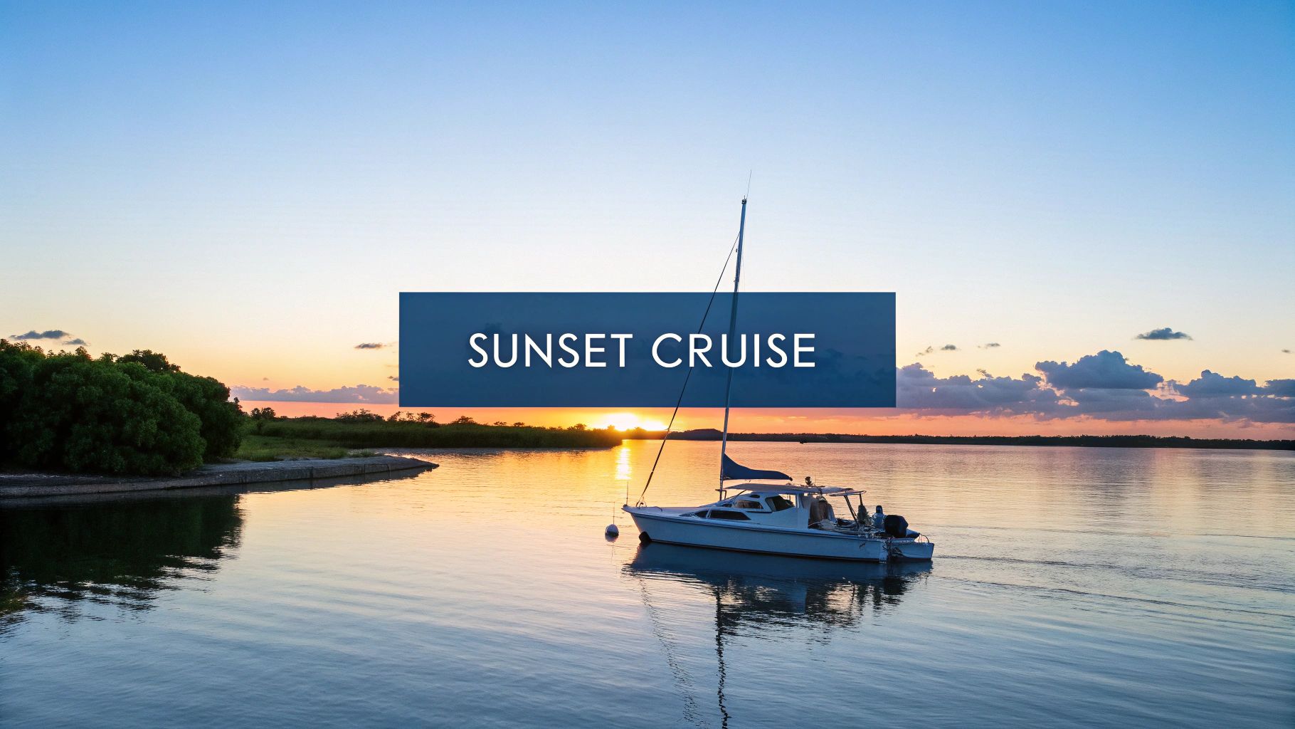 A scenic view of a sailboat on calm water during a beautiful sunset, with the text 'SUNSET CRUISE' displayed.