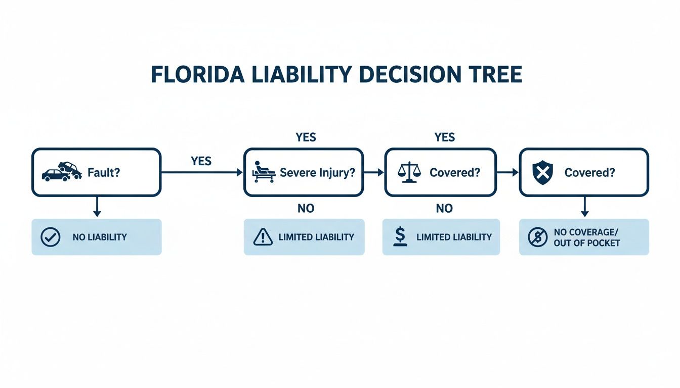 Flowchart illustrating Florida liability decisions based on fault, severe injury, and coverage status.