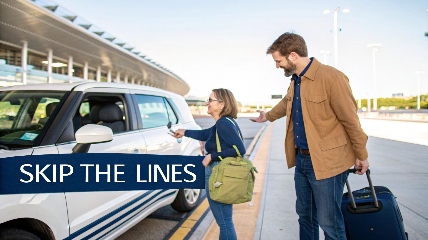A happy man and woman at an airport car rental pick-up, getting into a white car to skip lines.