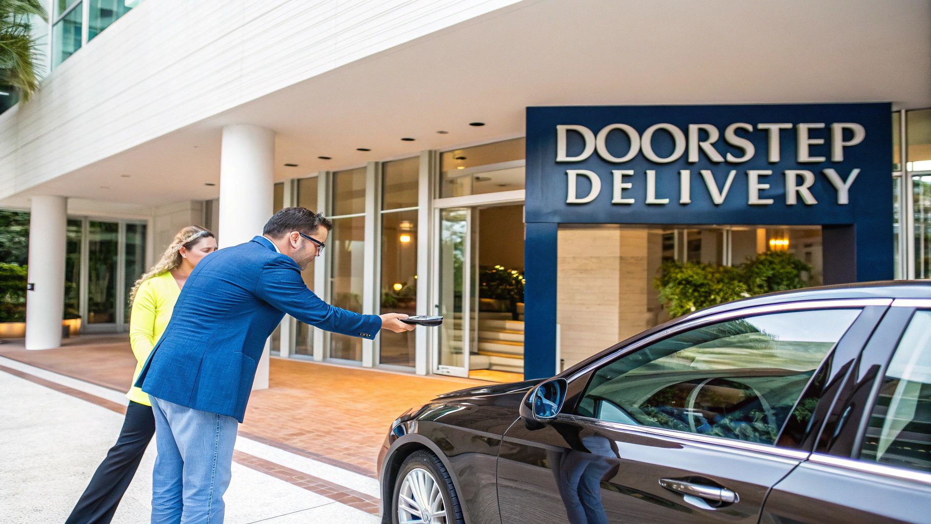 Valet service delivering luxury vehicle to hotel entrance with doorstep delivery signage