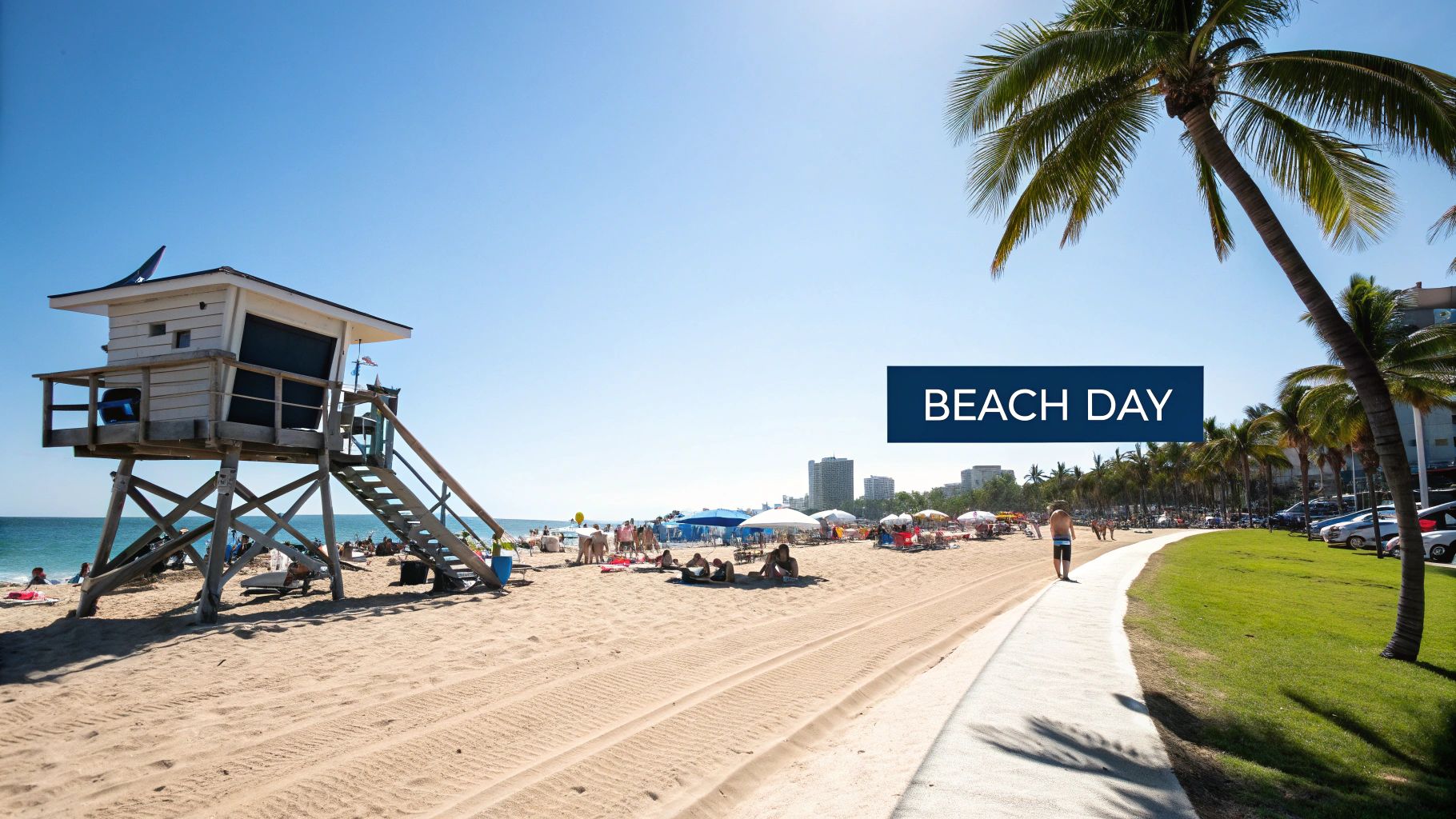 A vibrant beach day scene with a lifeguard tower, people relaxing, and palm trees under a clear blue sky.