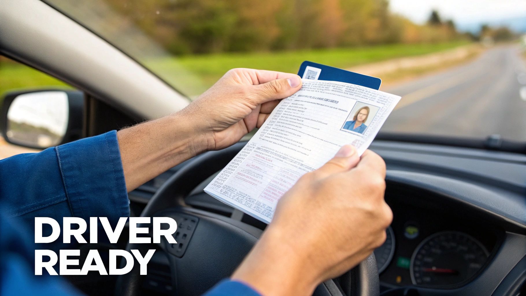Person holding insurance card and driver's license while sitting in car preparing to drive