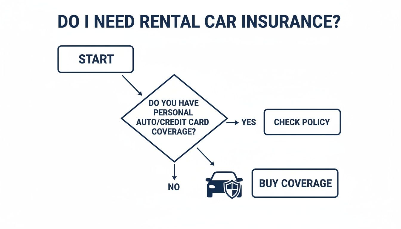 Flowchart explaining whether personal auto or credit card coverage eliminates the need for rental car insurance.