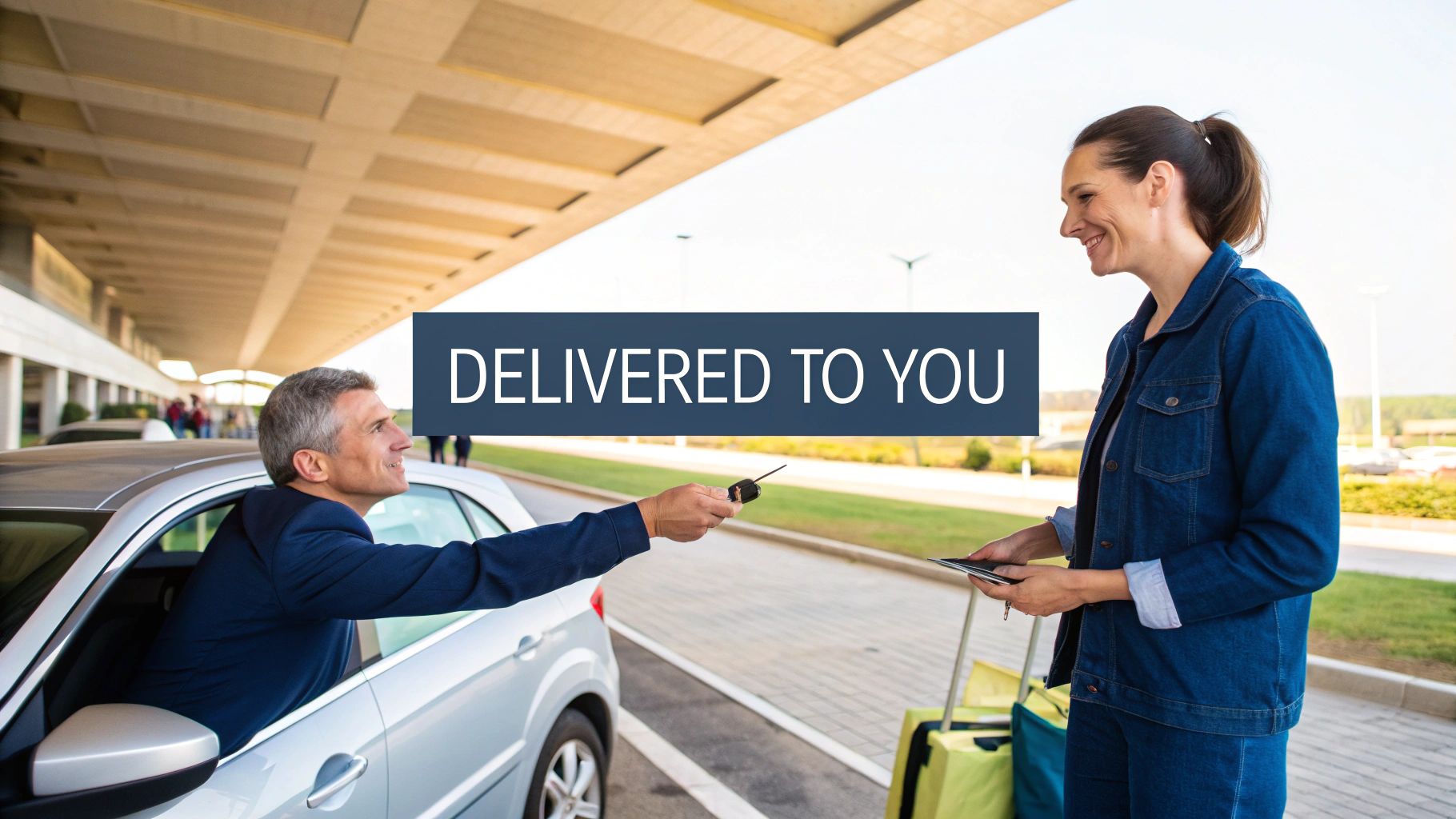 A man from a car delivers keys to a smiling woman with luggage, highlighting car rental delivery service.