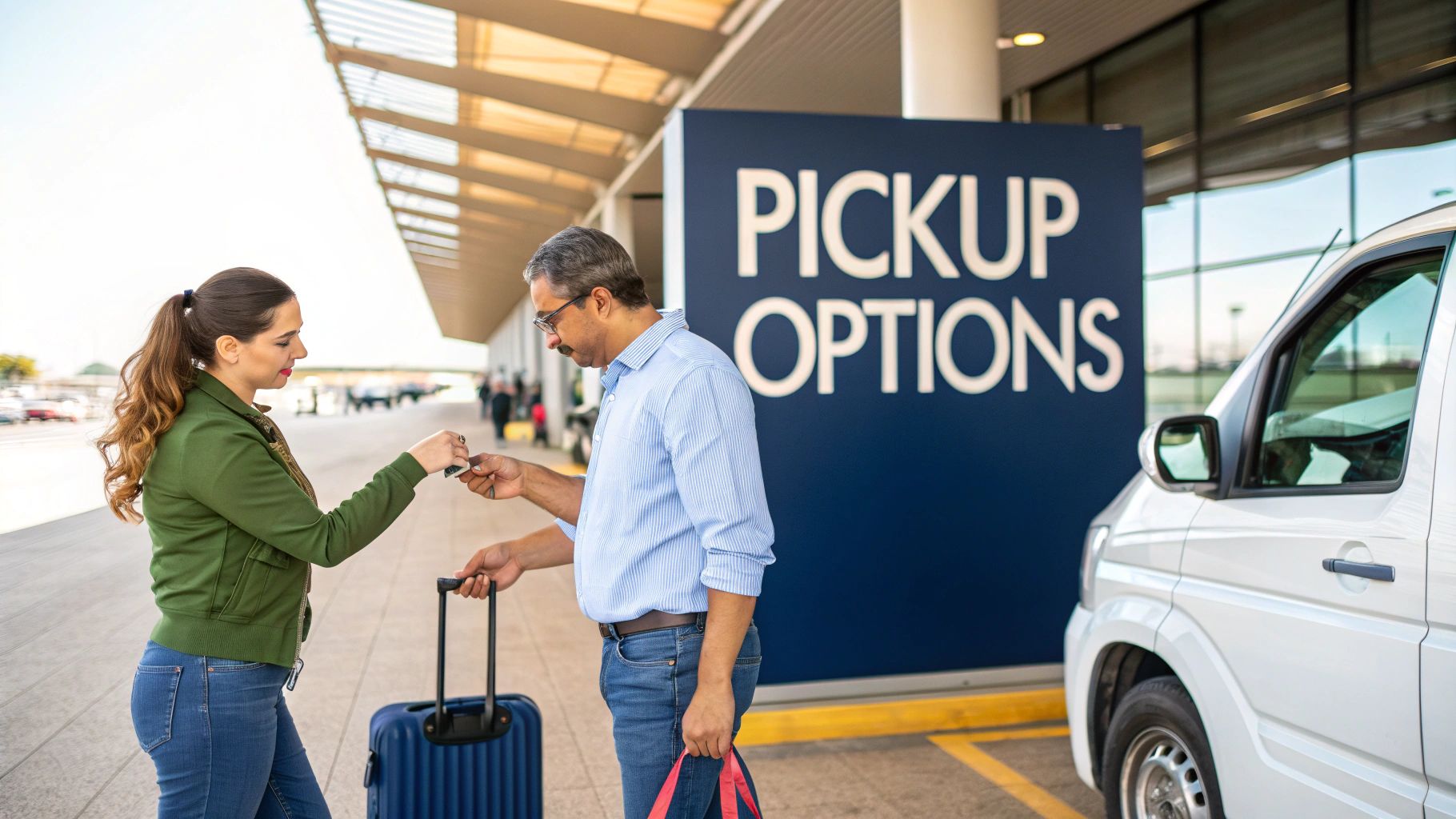 A woman hands a car key to a man with luggage at an airport pickup area.