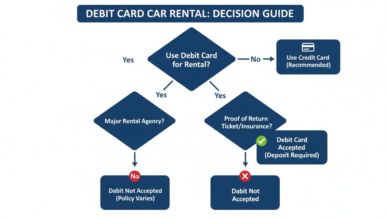 A flowchart decision guide for using a debit card for car rental, outlining conditions and outcomes.