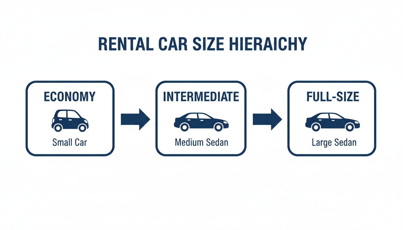 A visual hierarchy displaying rental car sizes: economy (small car), intermediate (medium sedan), and full-size (large sedan).