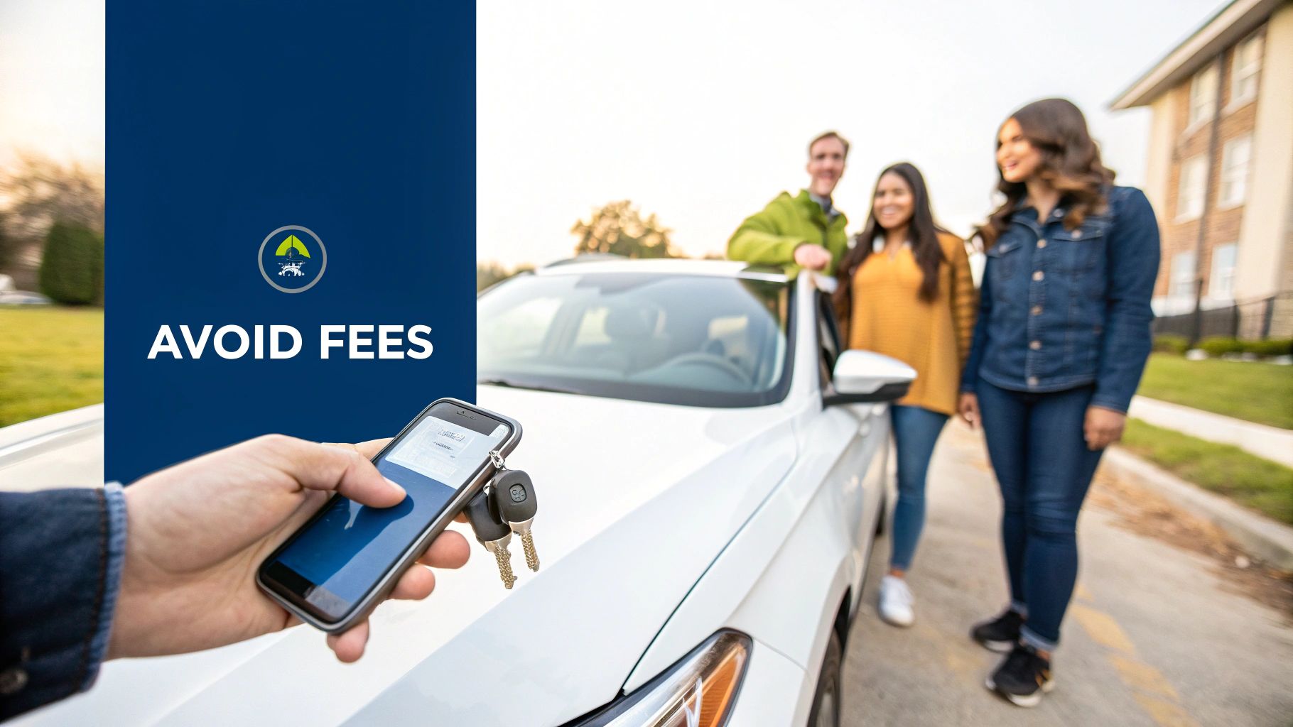 Couple smiling while looking at a map in a rental car.