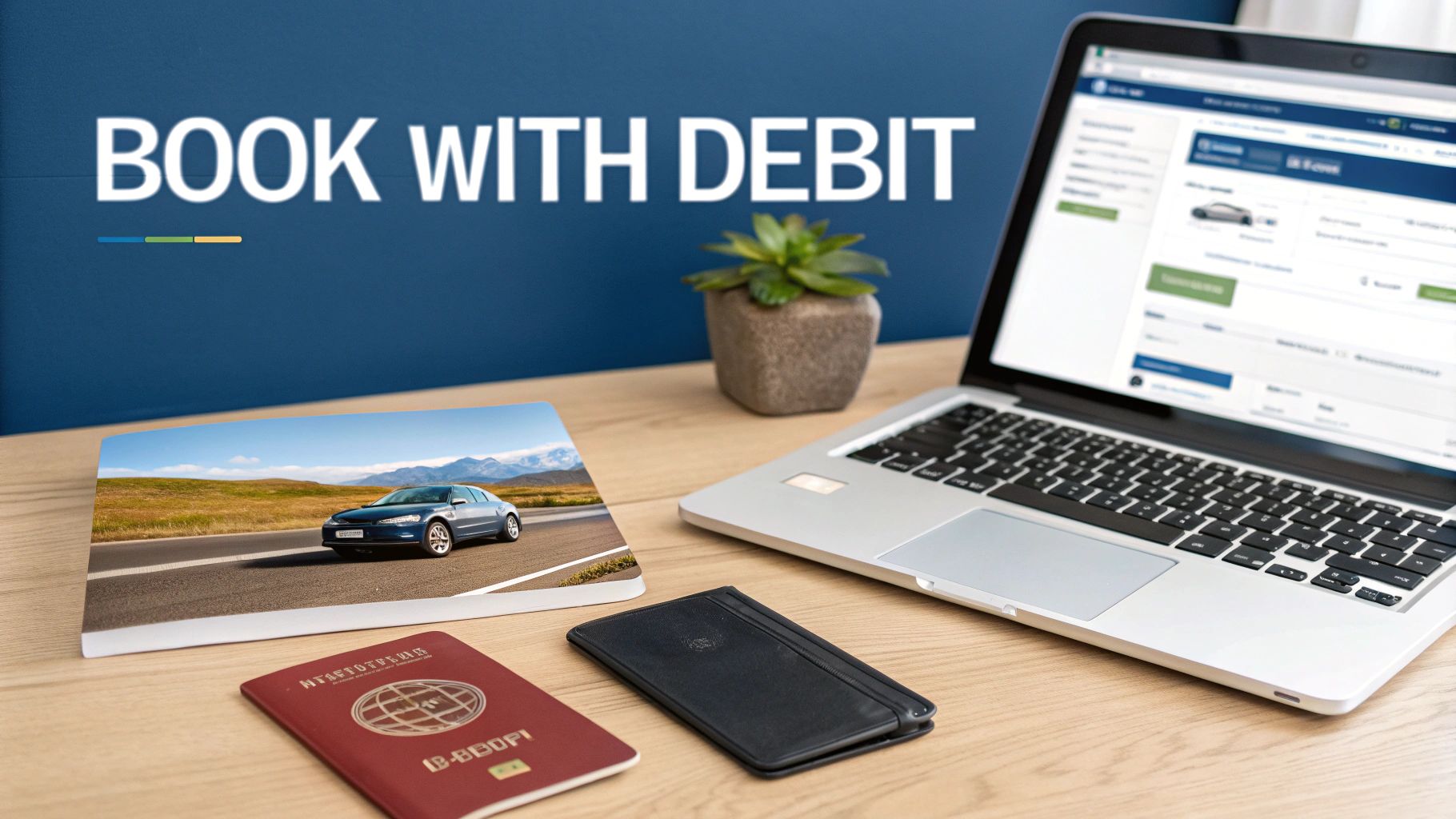 Desk with laptop displaying a car rental site, passport, and wallet, promoting 'BOOK WITH DEBIT'.